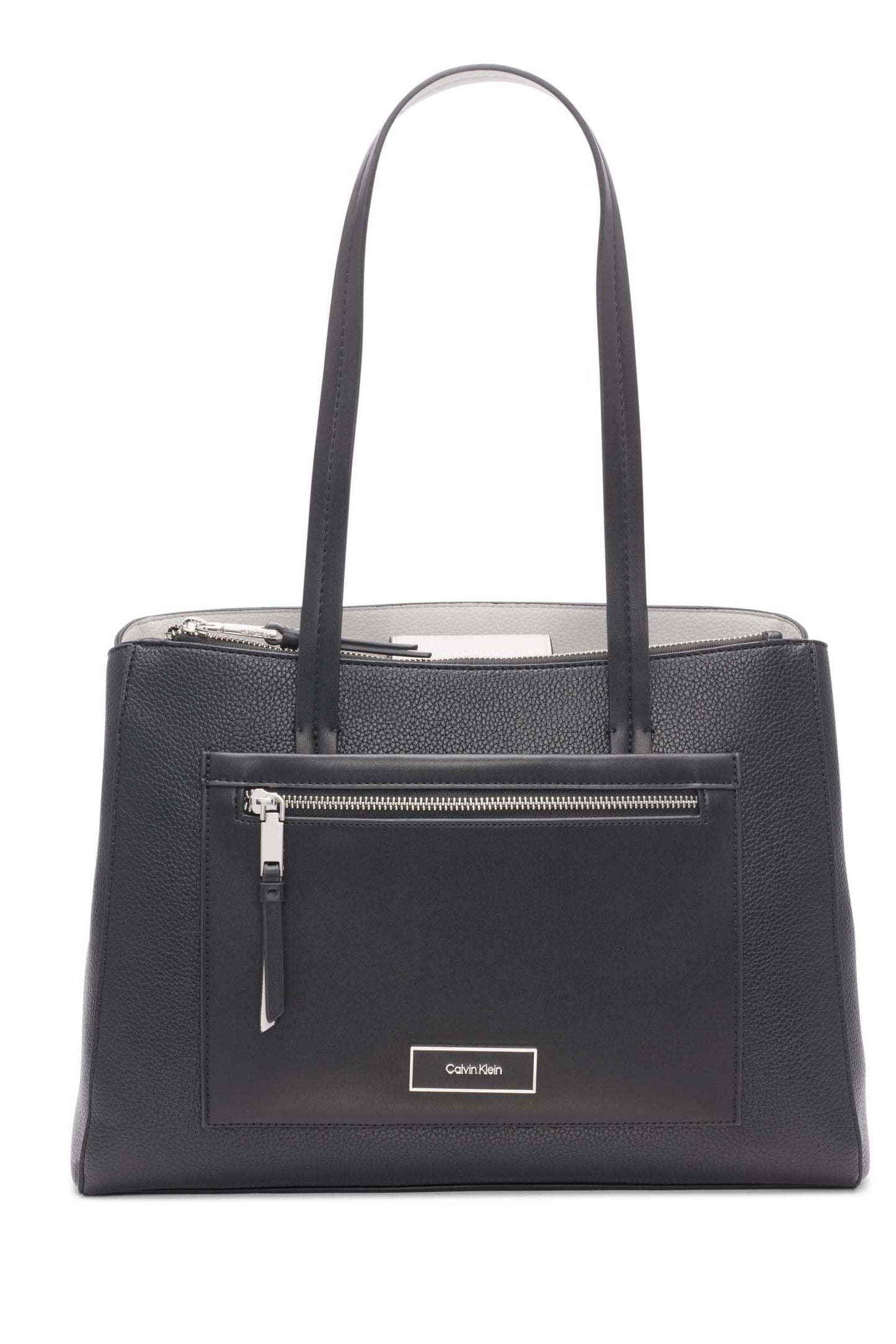 Bolso tote Calvin Klein Hadley para mujer – Piel vegana 2 en 1 con 5 bolsillos Negro/Gris paloma Talla única