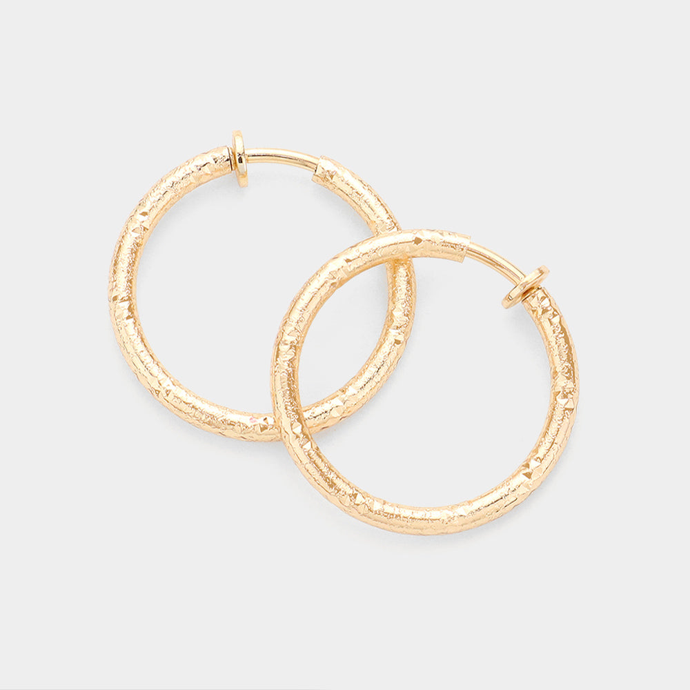 Women's 1.25 Inch Textured Metal Hoop Clip On Earrings