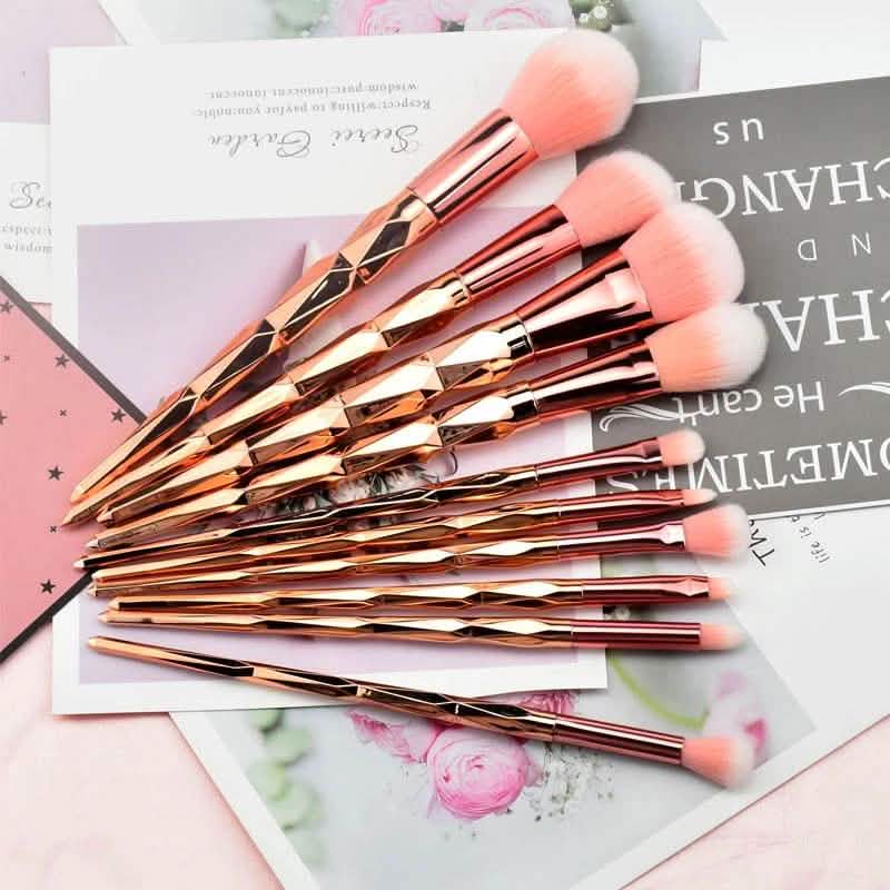 Juego de 10 brochas de maquillaje de unicornio con mango de diamante oro rosa