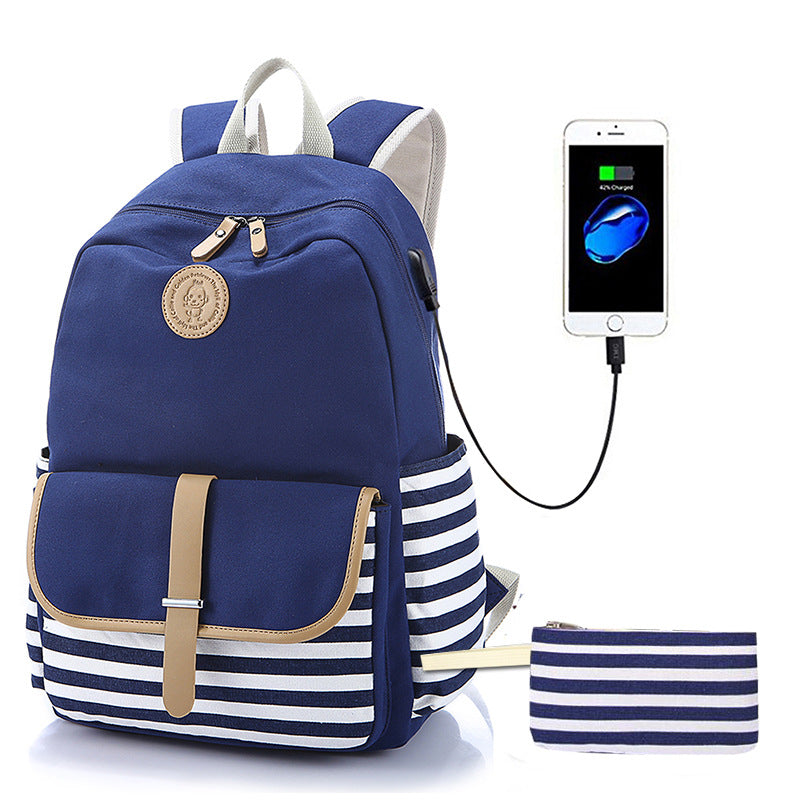 Women's Striped Canvas Large Capacity Computer Backpacks