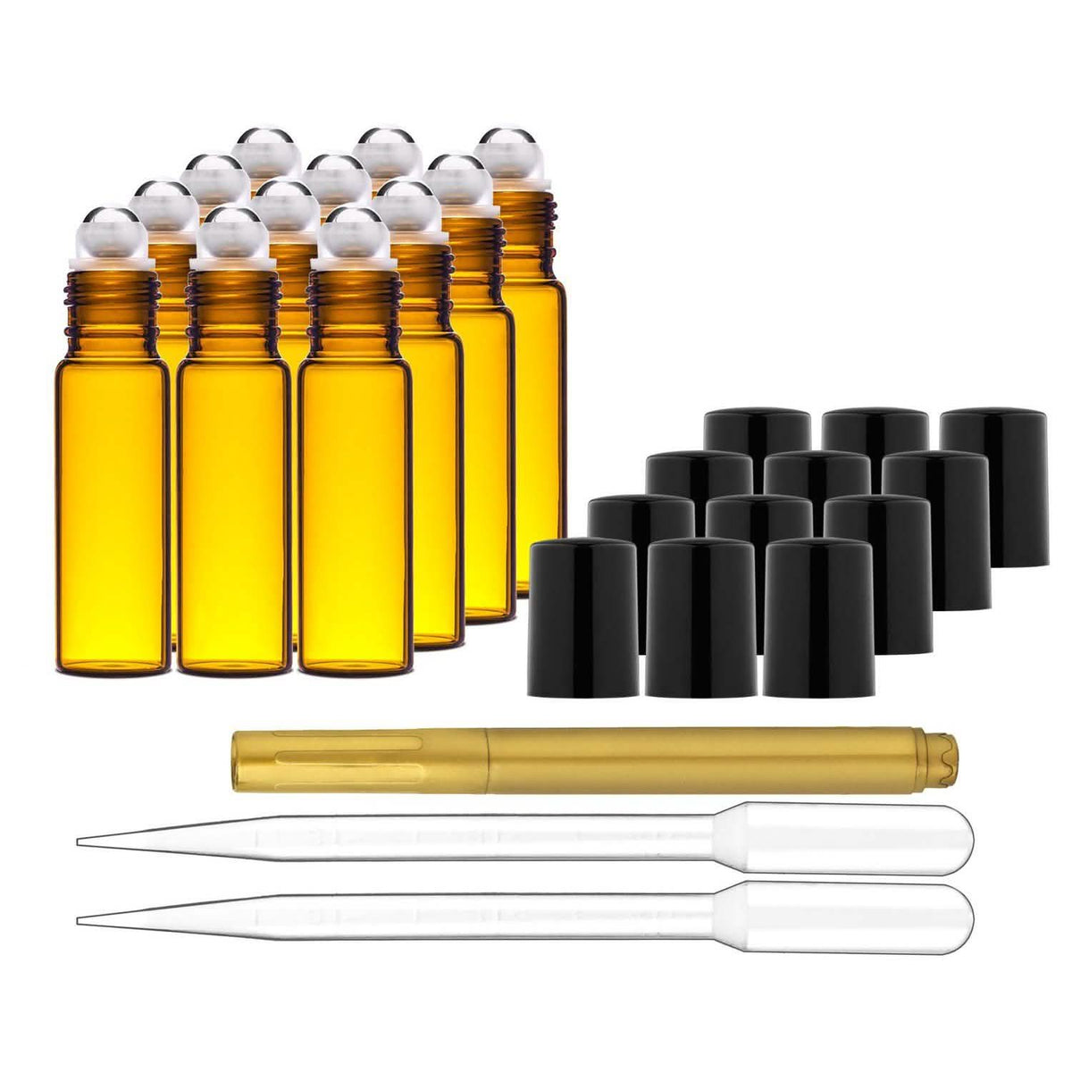 Paquete de 12: Botellas de vidrio ámbar de 10 ml con roll-on de acero inoxidable