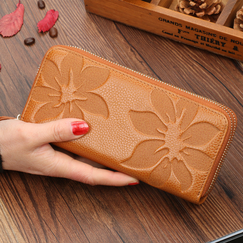 Women's First Layer Cowhide Long Double Zipper Ladies Wallets