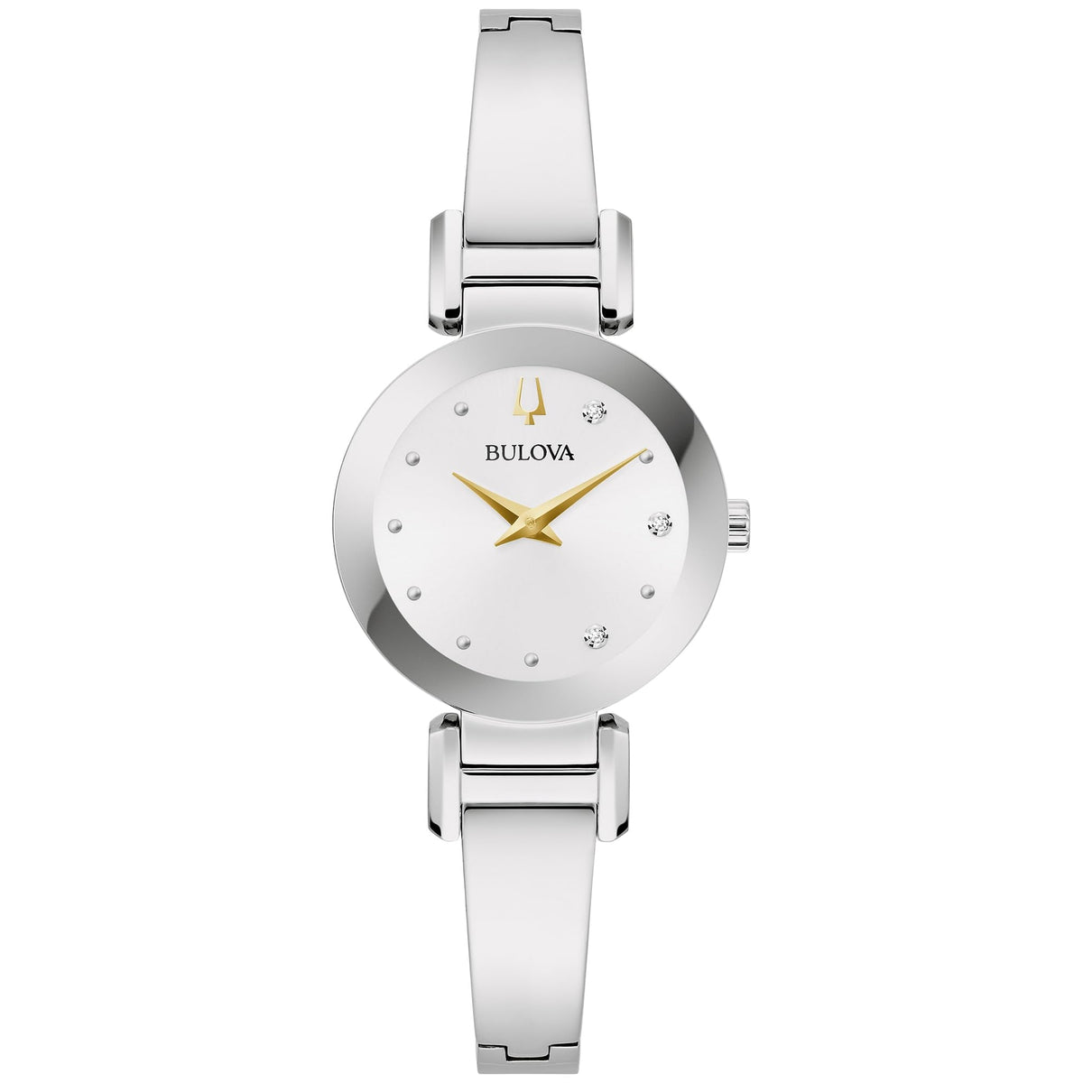 Reloj pulsera de mujer moderno Bulova Marc Anthony de acero inoxidable plateado con diamantes, brazalete y esfera blanca plateada Estilo: 96P241