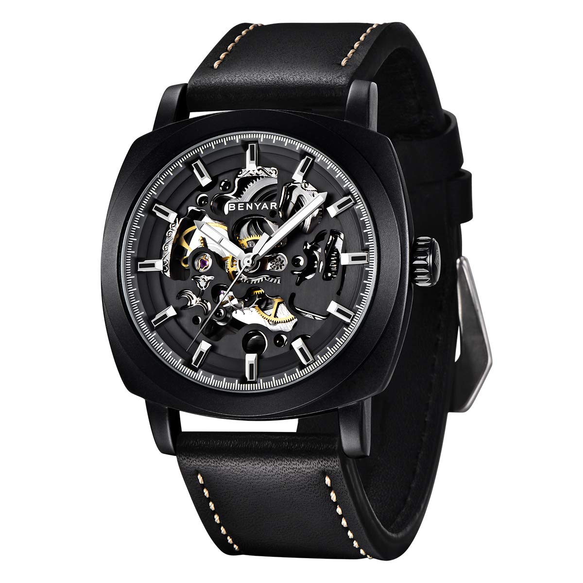 Relojes automáticos Benyar para hombre | Reloj de pulsera para hombre con correa de cuero mecánica de esqueleto | Esfera de 45 mm | 30M resistente al agua | Regalo elegante para hombre