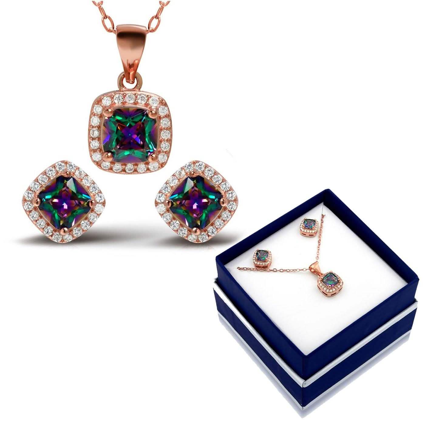Collar y pendientes halo de topacio arcoíris de plata de ley chapada en oro rosa de 18 quilates