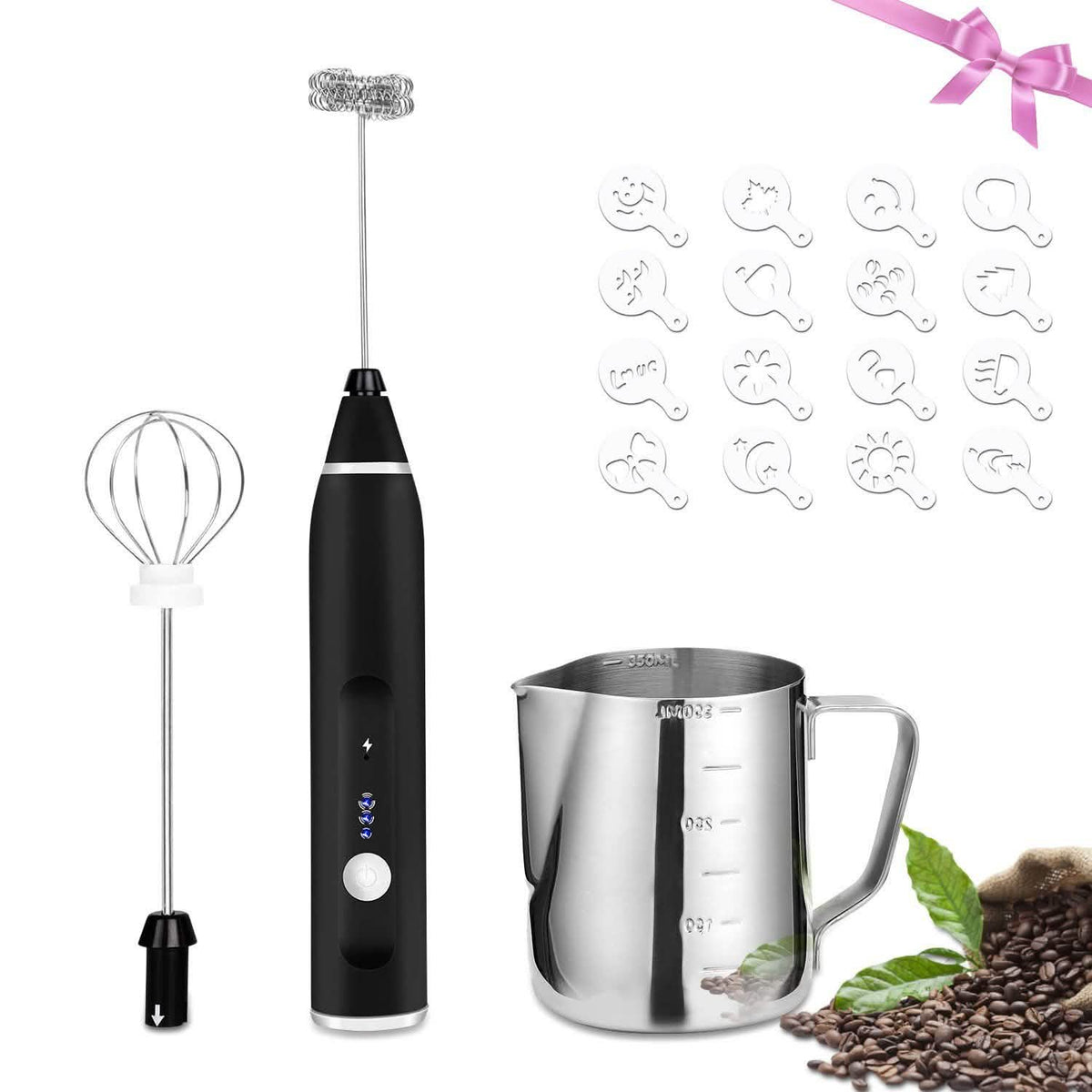 19 piezas: Juego de jarra espumadora de leche y café USB eléctrica