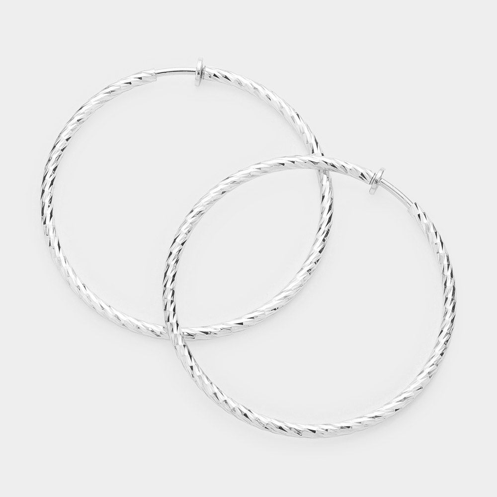 2.4" Textured metal hoop clip on earrings