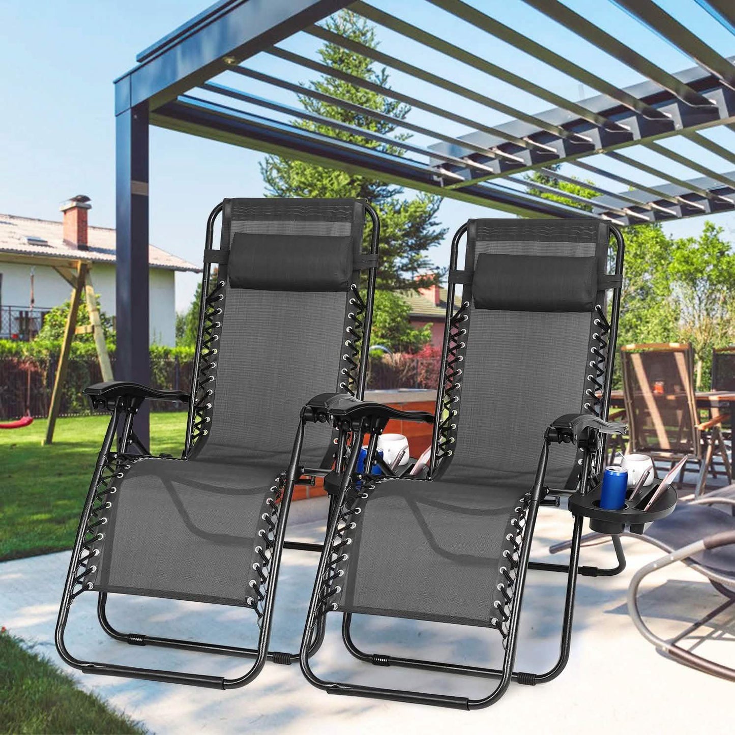 Paquete de 2: Silla reclinable plegable de gravedad cero con bandeja lateral doble