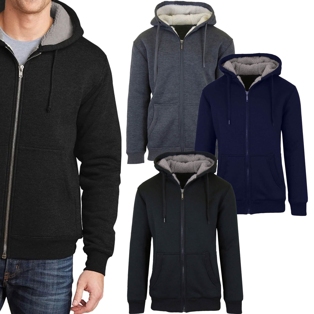 Paquete de 2: Suéter con capucha y cremallera de forro polar Sherpa grueso para hombre