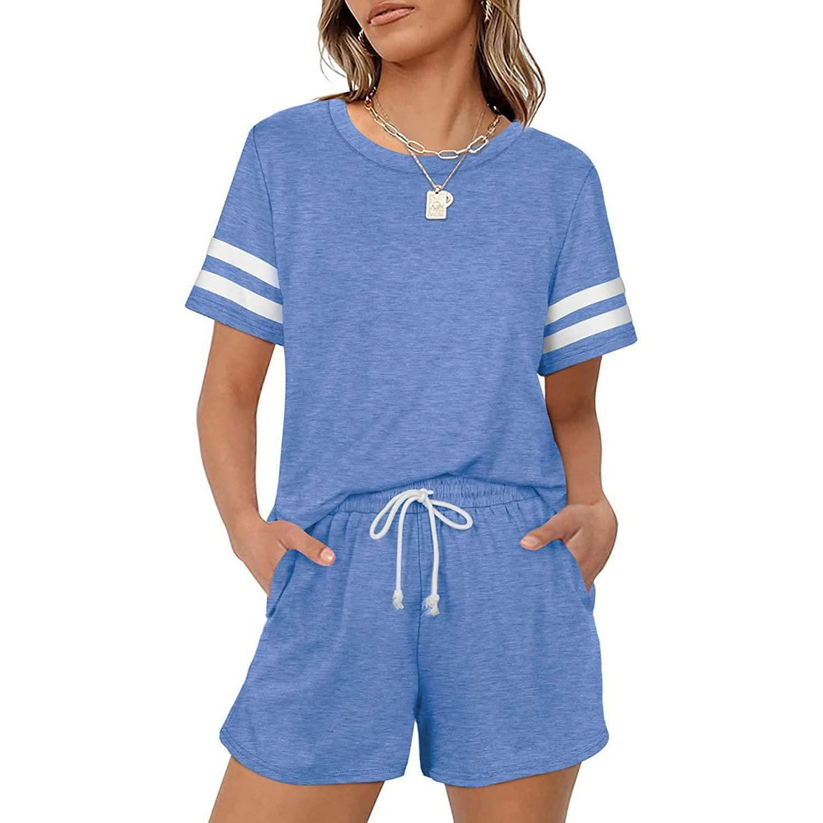 Conjunto de 2 piezas: Traje de chándal de manga corta para mujer, cuello redondo, ajuste holgado