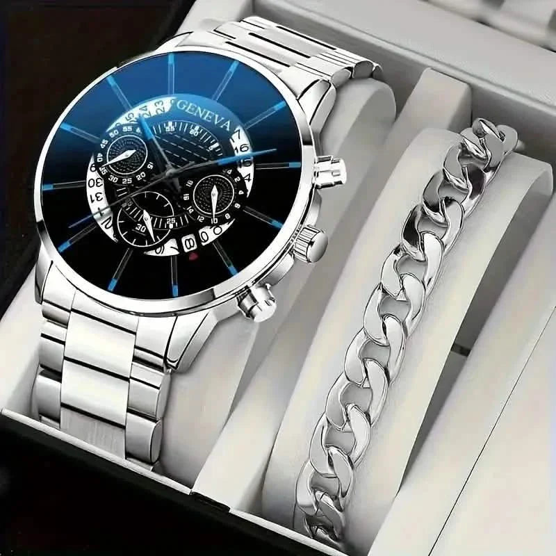Juego de 2 piezas: Exquisitos relojes de cuarzo para hombre y elegantes cadenas de reloj de acero inoxidable