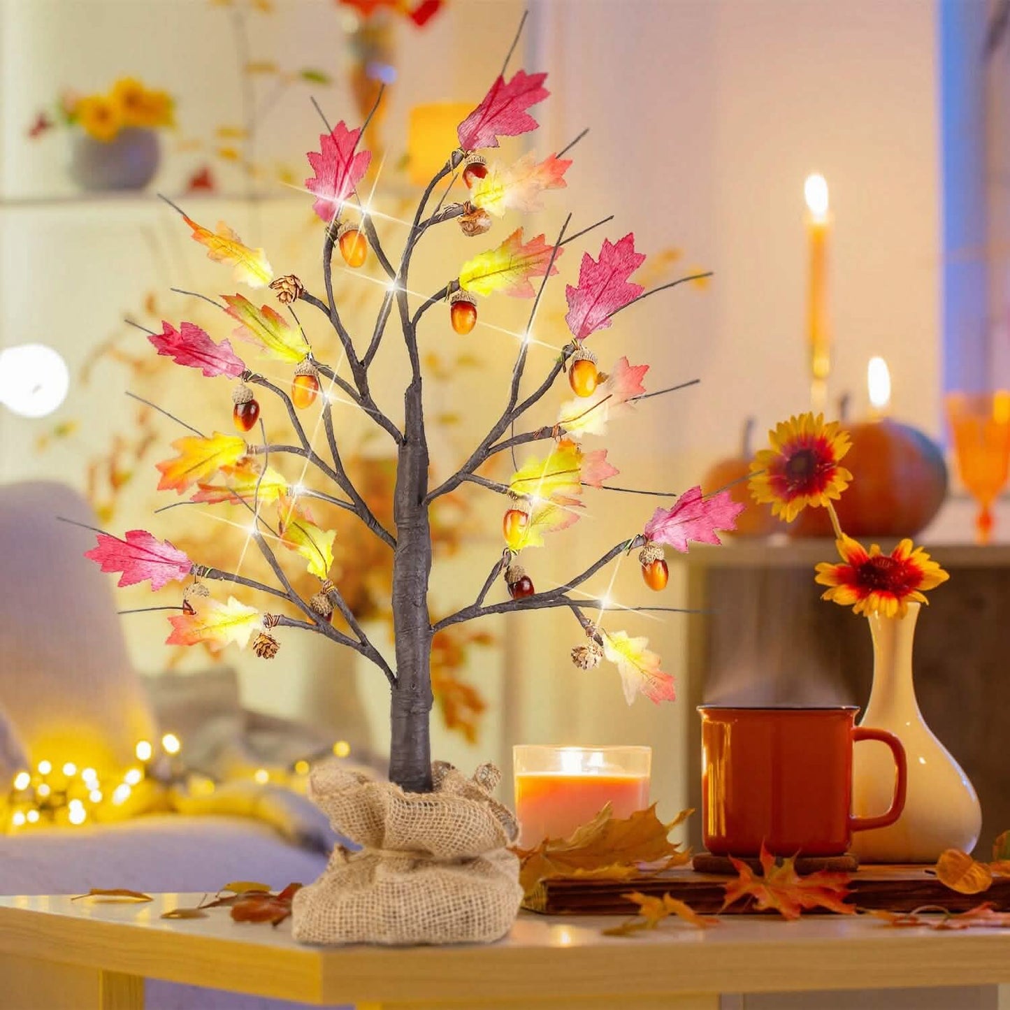 2 unidades: árbol de arce artificial iluminado de 2 pies con 24 cuentas LED de color blanco cálido