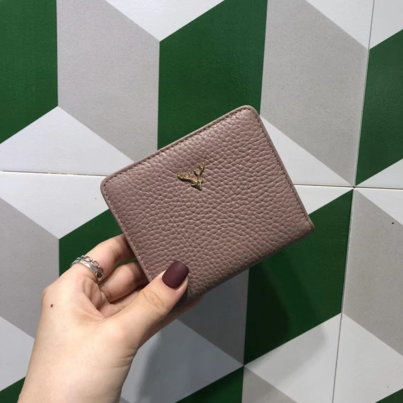 Korean Style Top Layer Cowhide Short Yellow Two Fold Ladies Wallets