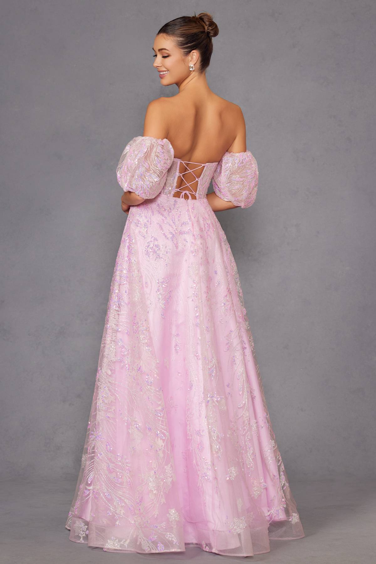 Juliet 2404 Vestido de gala de tul con lentejuelas sin tirantes y mangas abullonadas desmontables