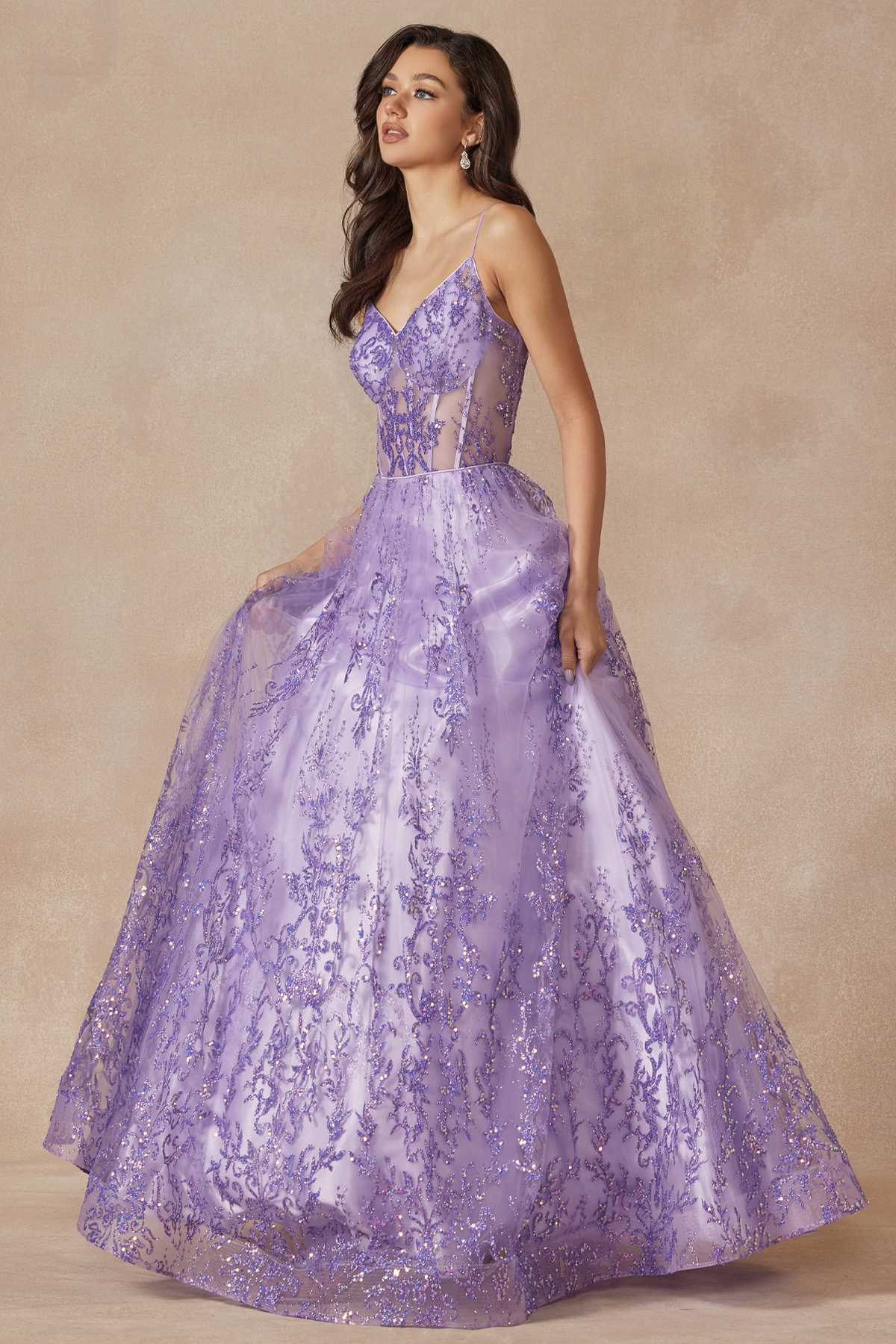Juliet 2414 Vestido de gala largo hasta el suelo, corte A, de tul con encaje de glitter