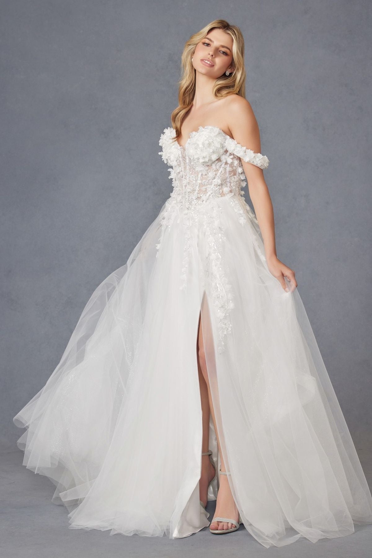 Vestido de fiesta Juliet JT2483KW sin hombros con diseño floral 3D