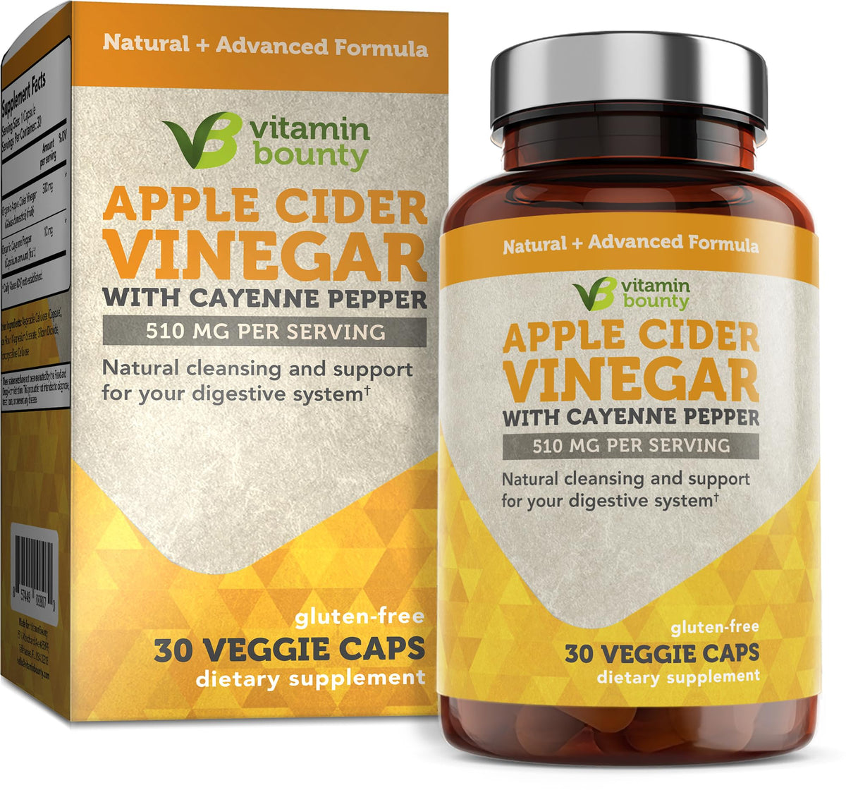 Cápsulas de vinagre de sidra de manzana Vitamin Bounty - Pastillas de vinagre de sidra de manzana con cápsulas de pimienta de cayena Vinagre de sidra de manzana orgánico con madre Cápsulas de ACV Soporte digestivo - 510 mg 30 Cápsulas