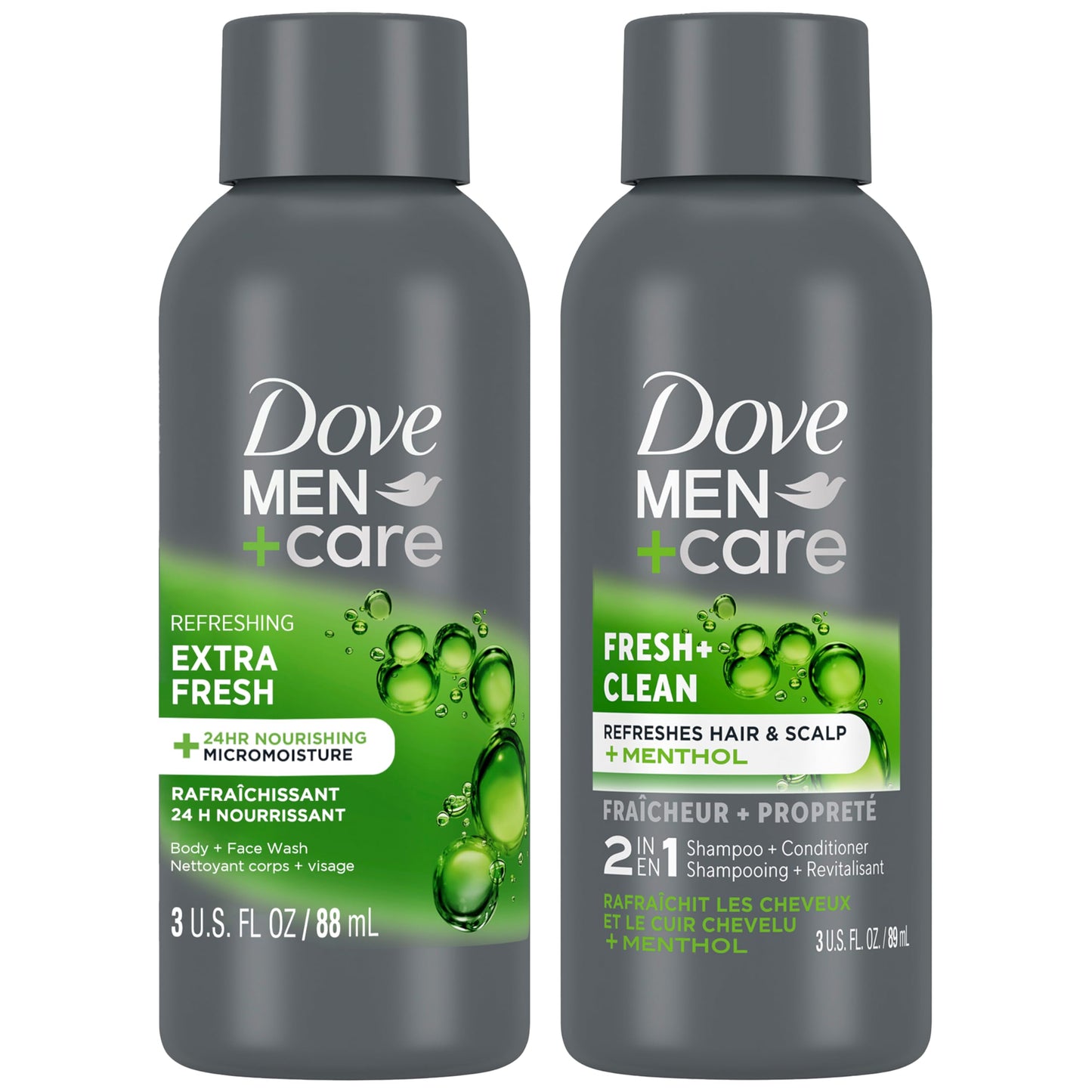 Dove Men+Care Paquete de artículos esenciales de viaje – Jabón corporal y facial Extra Fresh y champú 2 en 1 Fresh + Clean, 3 oz cada uno