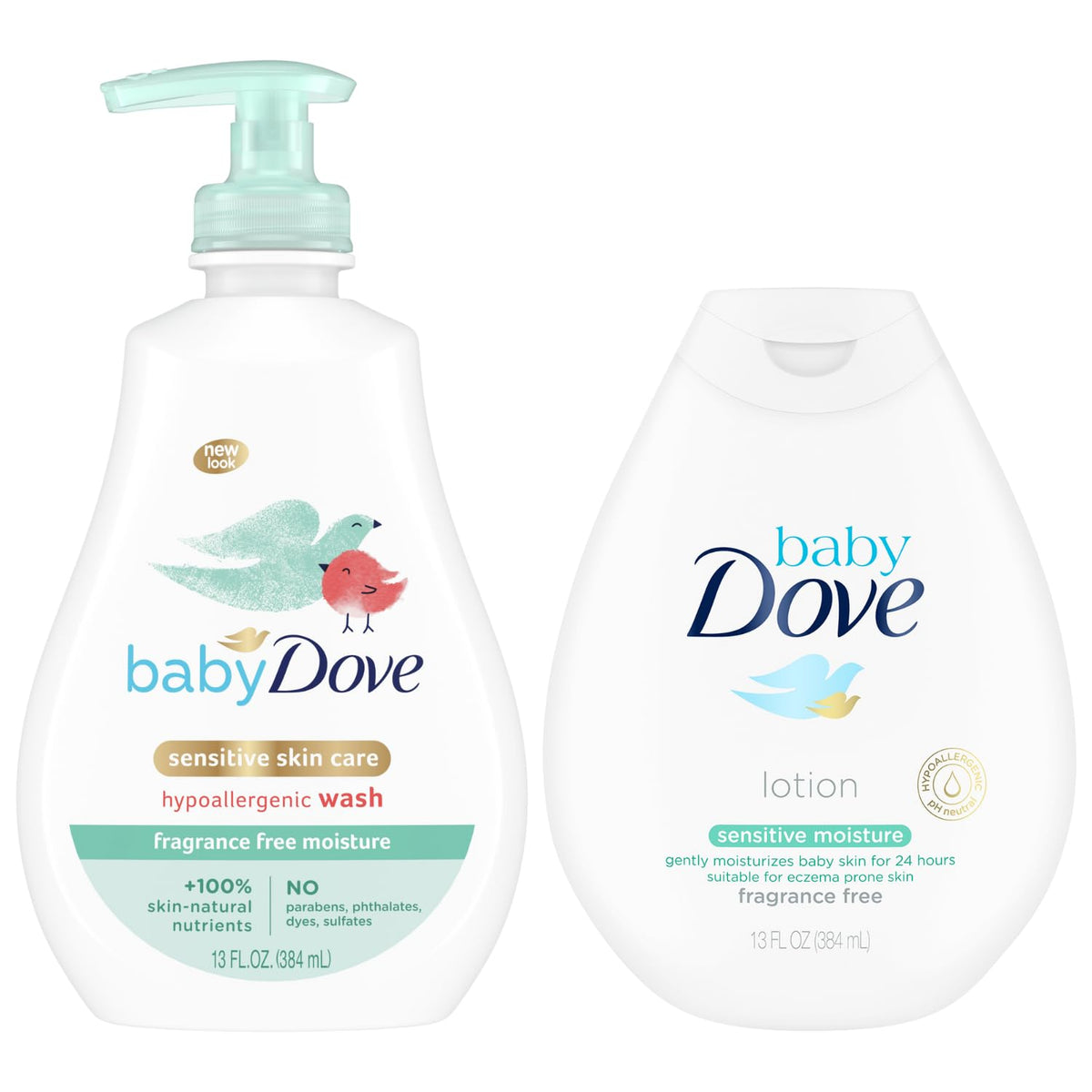Paquete de cuidado para piel sensible Dove Baby – Jabón hipoalergénico y loción sin fragancia para bebé, set de regalo humectante de 13 oz cada uno (juego de 2 piezas)