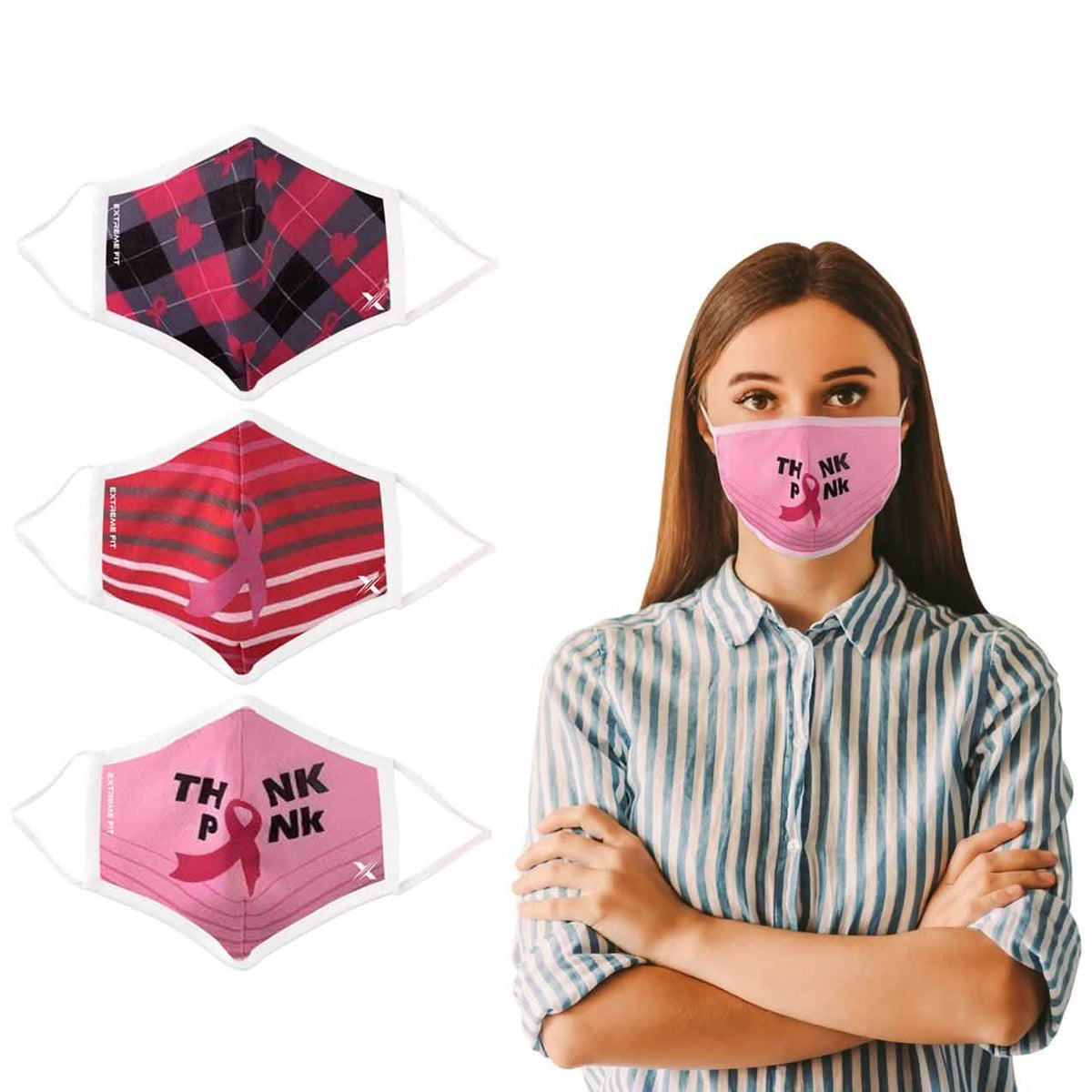 Paquete de 3: Mascarillas de tela reutilizables no médicas de 2 capas para la concienciación sobre el cáncer de mama
