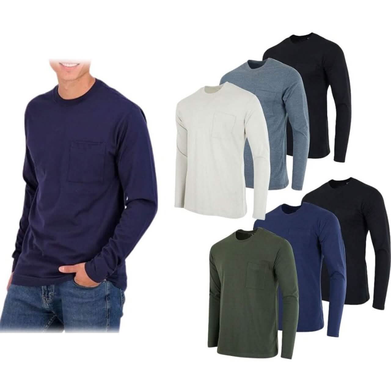 Paquete de 3: Camiseta de manga larga de algodón para hombre con bolsillo en el pecho