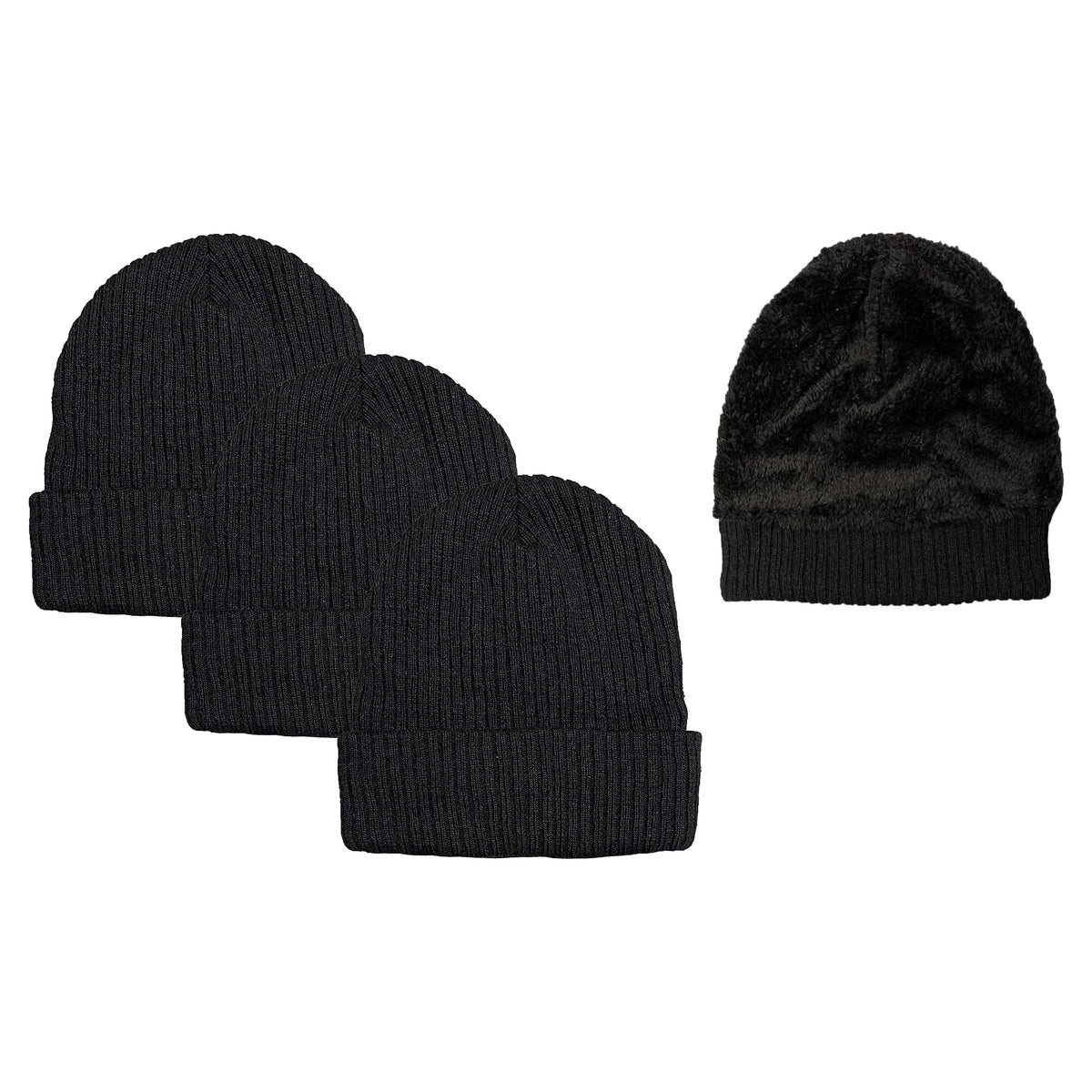 Paquete de 3: Gorro Beanie Acanalado Unisex Negro con Forro Polar Sherpa