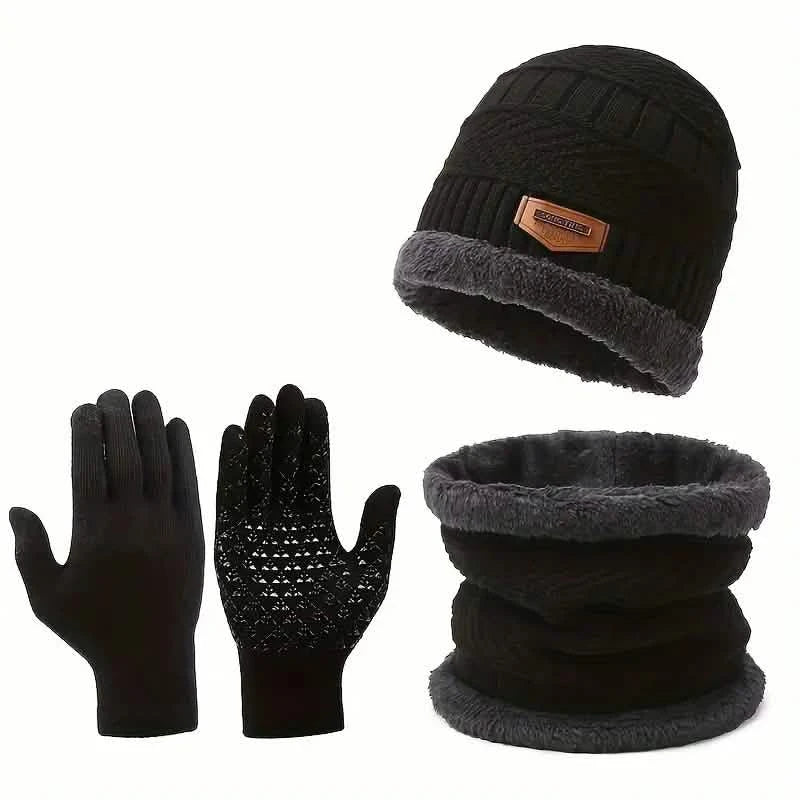 Set de 3 piezas: Bufanda infinita para otoño e invierno, gorro de punto grueso y cálido, y guantes para pantalla táctil con cuello tipo braga.