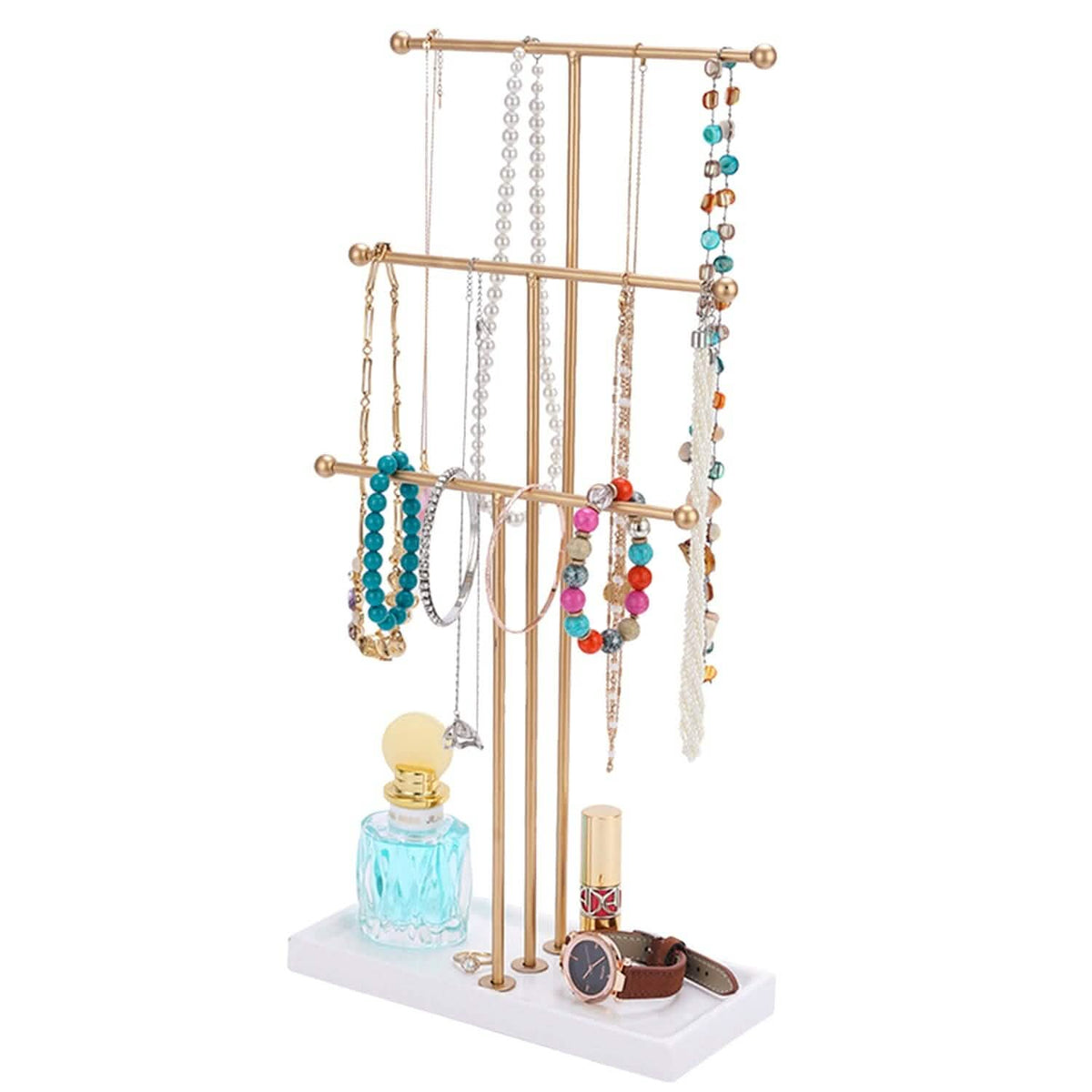 Soporte de árbol para joyas de metal dorado de 3 niveles para mesa