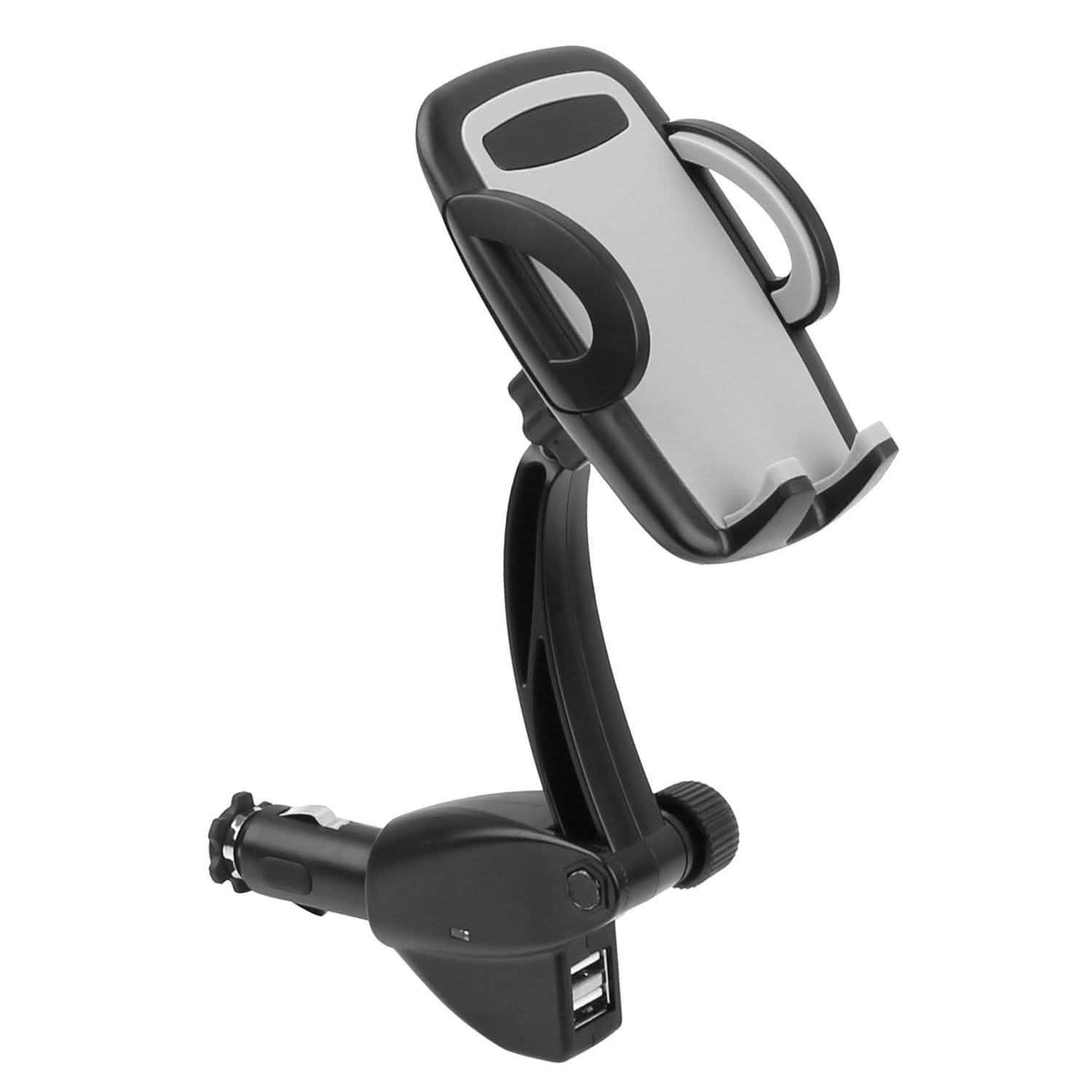 Cargador de coche 360° con doble USB y soporte para smartphone