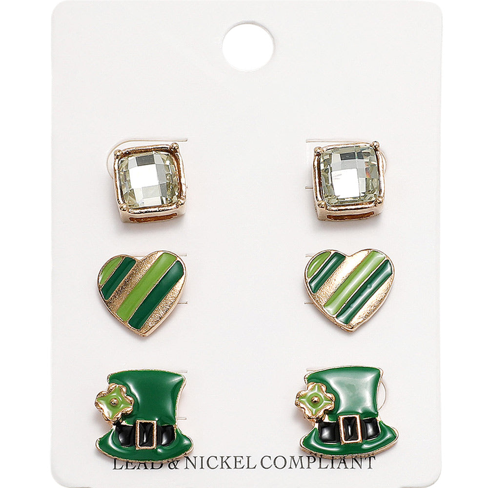 3Pairs Stone Enamel St Patricks Heart Hat Stud Earring Set