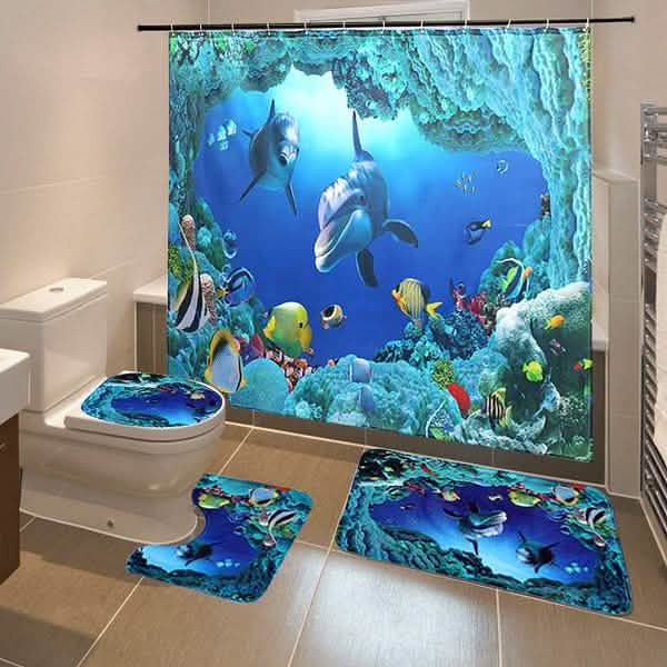 Juego de alfombrilla de baño, alfombrilla de pedestal, funda de inodoro y cortina de ducha impermeables con impresión 3D