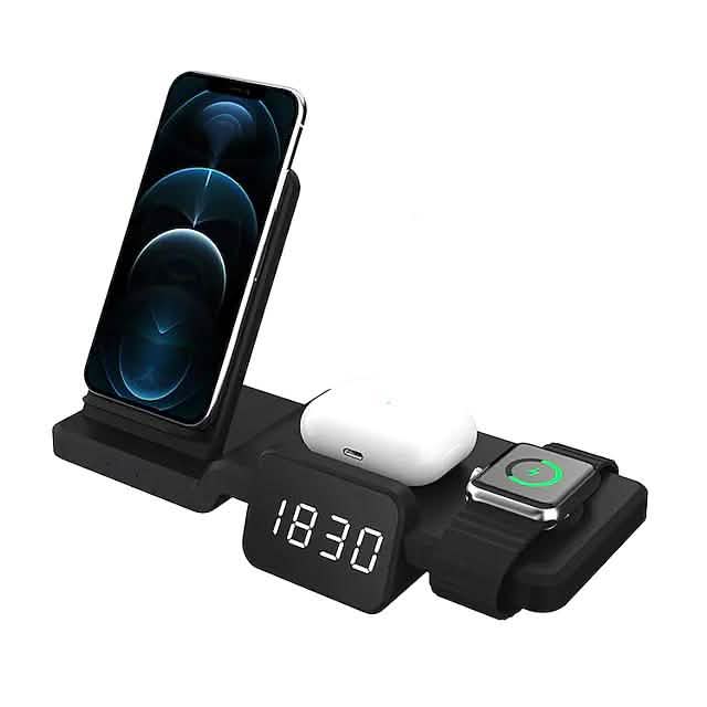 Cargador inalámbrico 4 en 1 con reloj digital LED