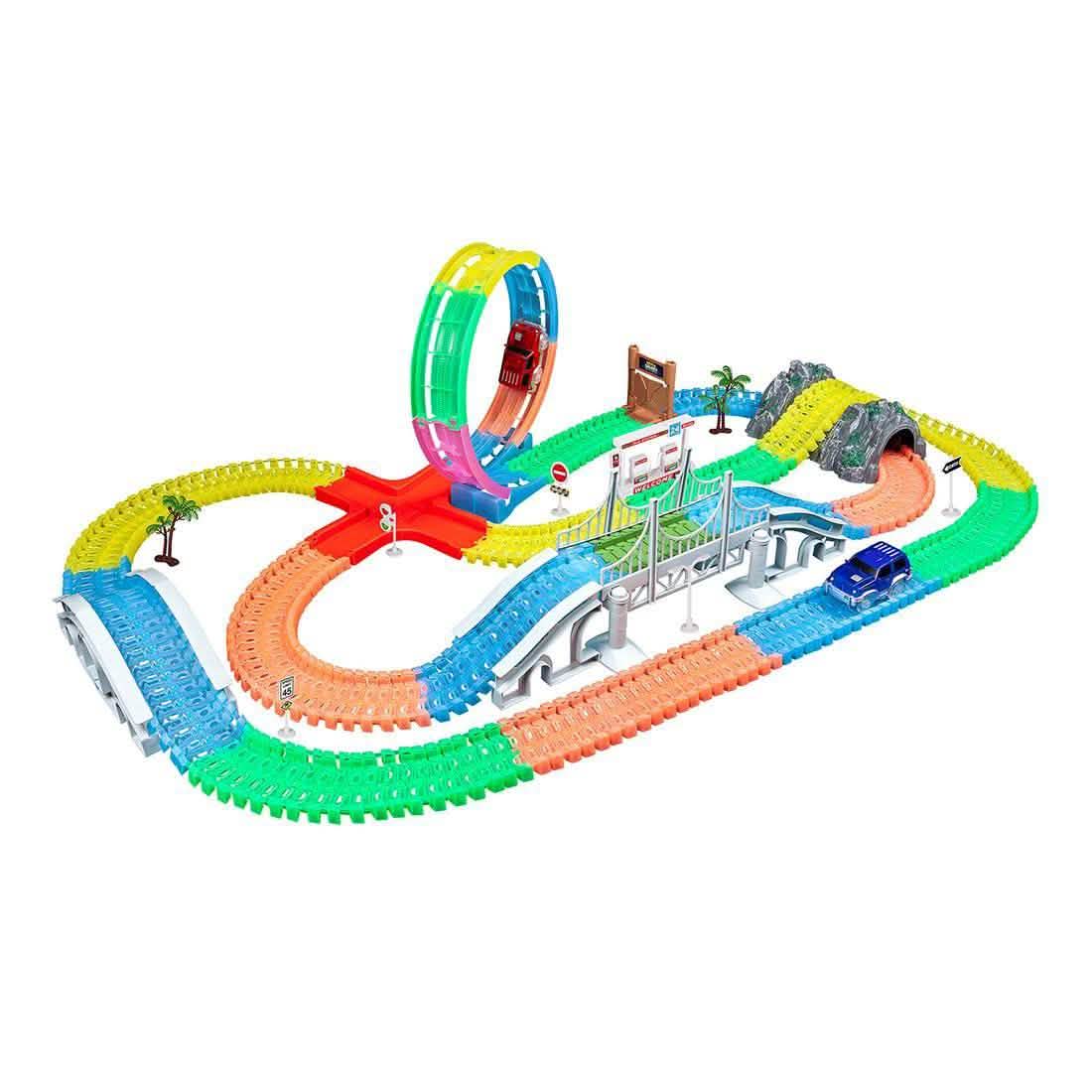 425 piezas: Pista flexible Mega Galaxy Glow con 2 coches eléctricos con luces LED