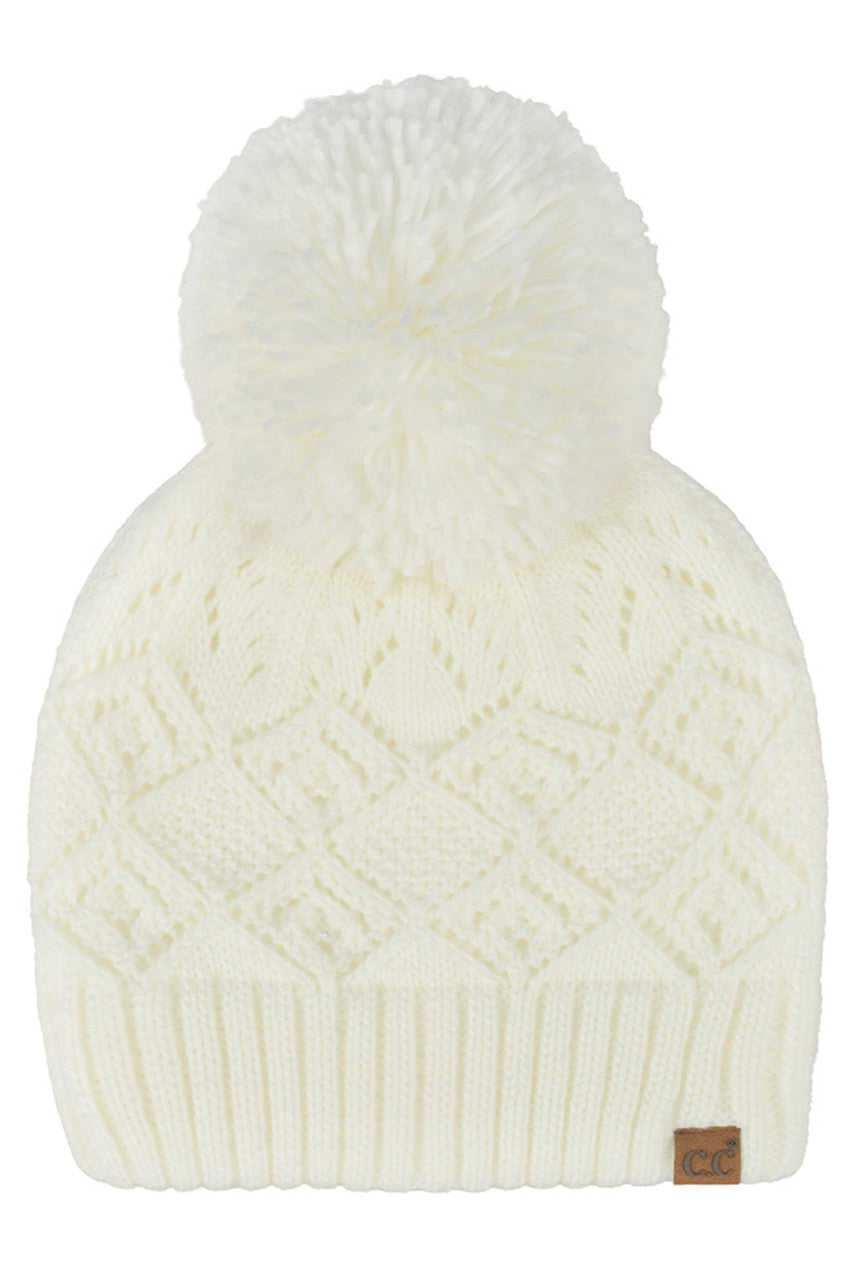 C.C Diamond Lace Pattern Yarn Pom Solid Beanie