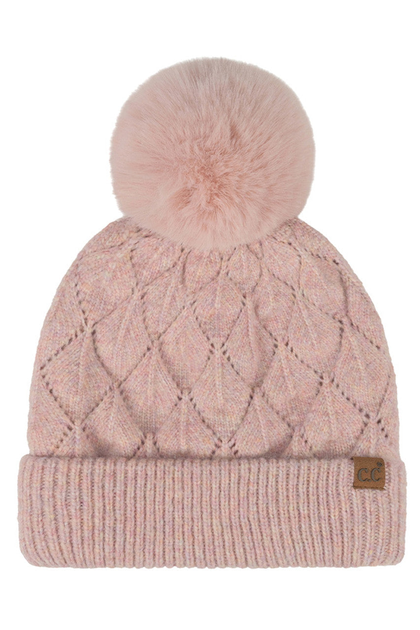 C.C Leaf Pattern Faux Fur Pom Solid Beanie