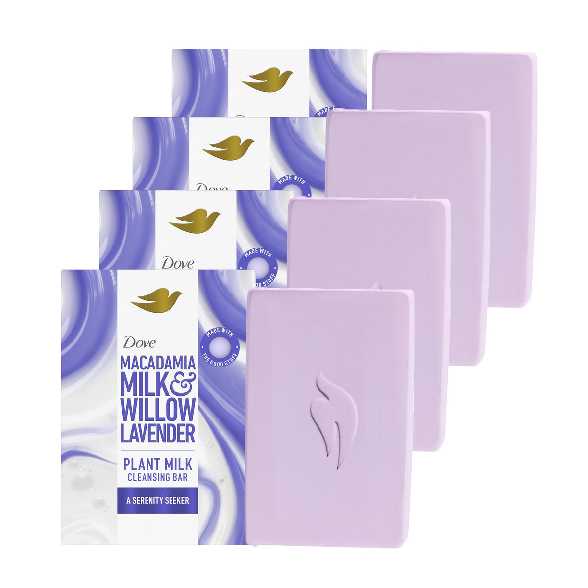 Dove Jabón en barra limpiador de leche vegetal Leche de macadamia y sauce Lavanda Buscador de serenidad, 4 unidades para piel humectada, Limpiador suave, Sin sulfatos ni parabenos, Fórmula 98% biodegradable, 142 g