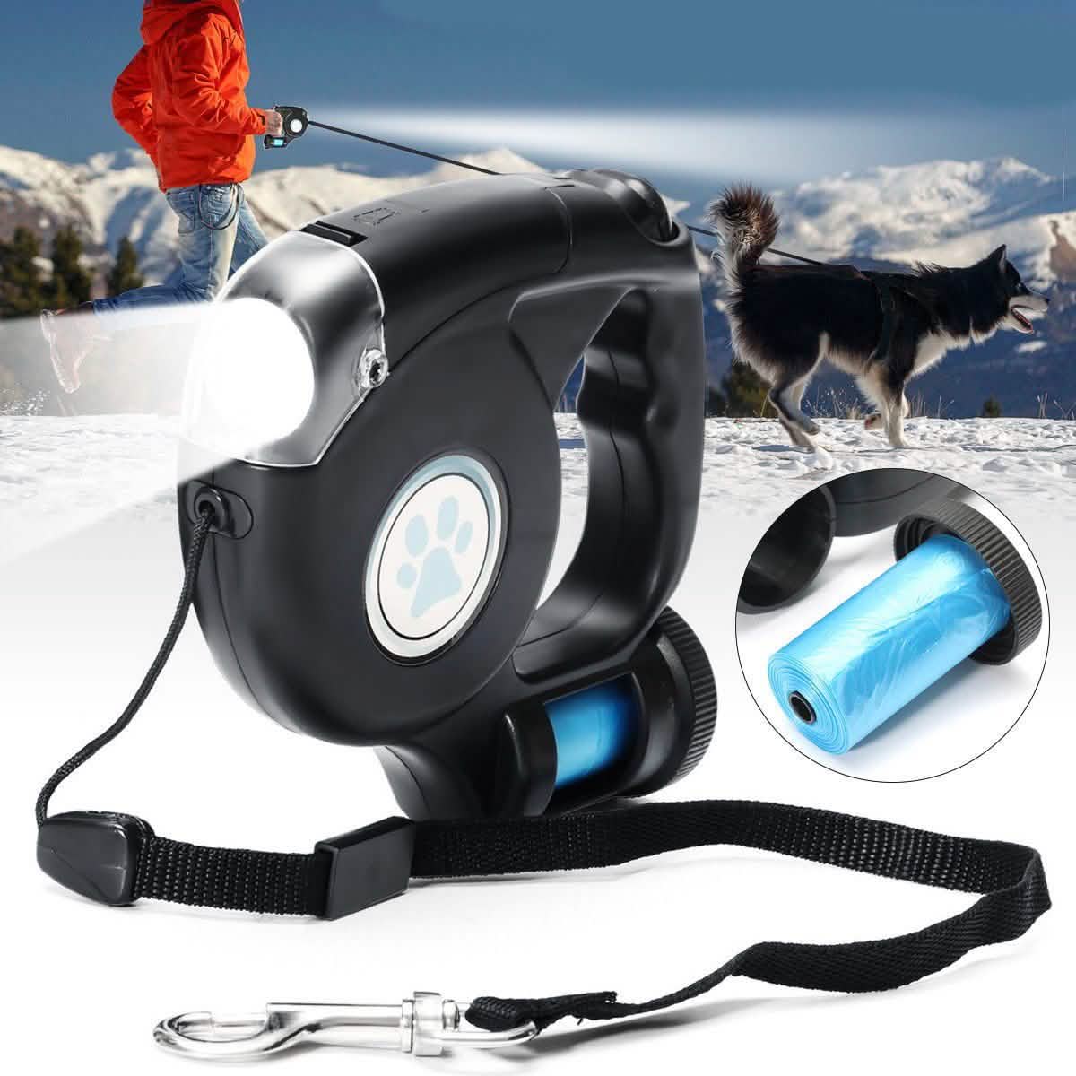 Linterna LED de 4.5M con correa retráctil extensible para perros y bolsa para excrementos