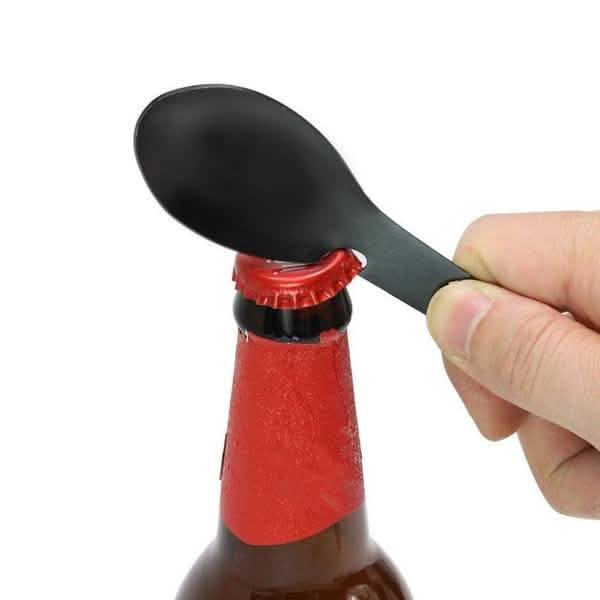 Tenedor, cuchillo, cuchara y abridor de botellas de acero inoxidable 5 en 1 multifuncional