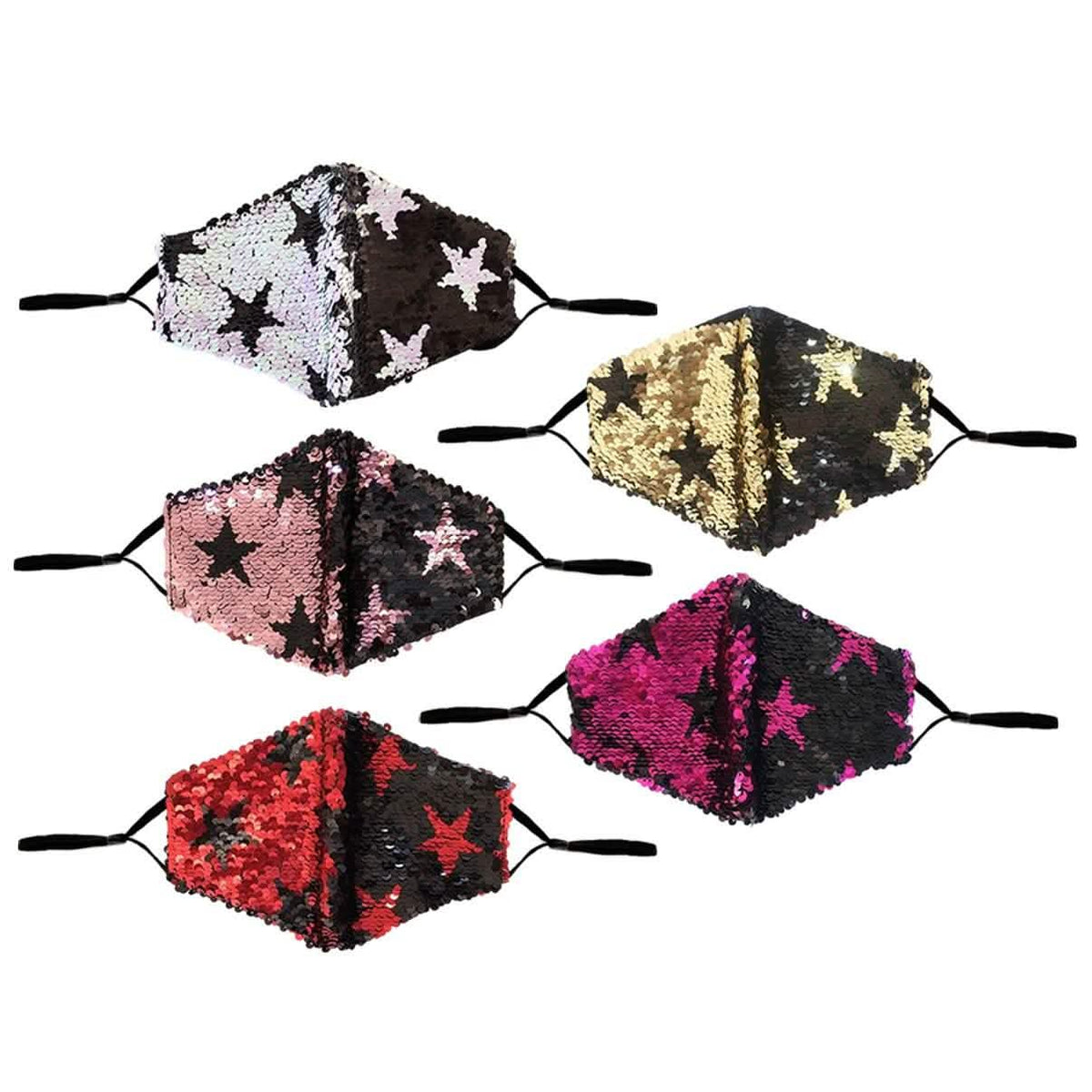 Paquete de 5: Mascarillas de moda reversibles con lentejuelas de algodón Star Struck con bucles ajustables para las orejas