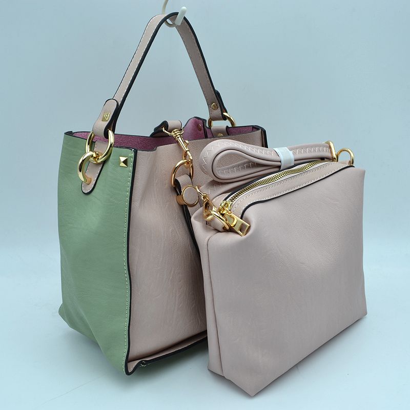 Studded Two-Tone Bucket Bag with Top Handle and Decorative Strap