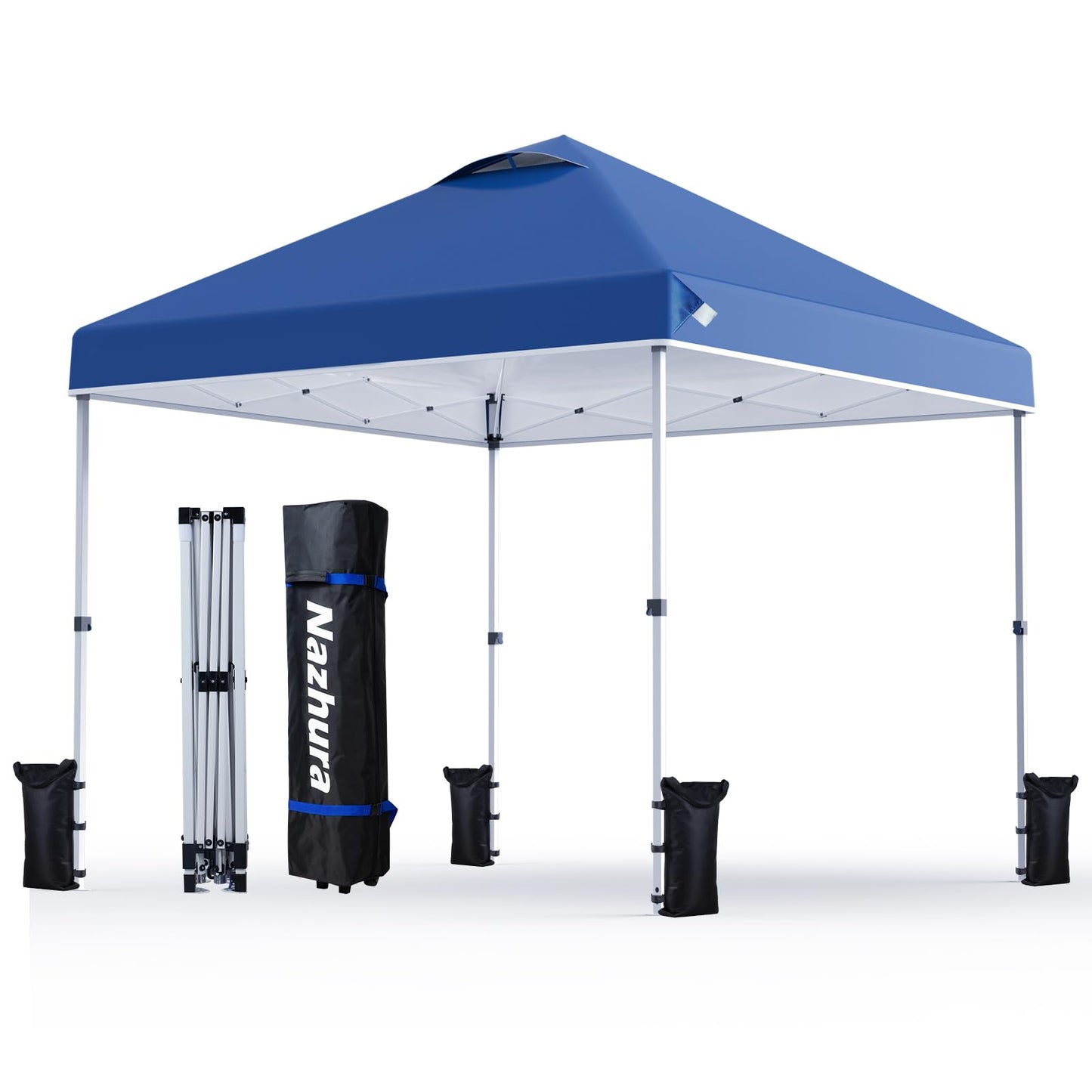 Carpa Toldo Plegable Nazhura 10 x 10 con Bolsa de Peso de Arena, Refugio Solar Independiente para Picnic y Camping, Montaje por una Persona y Altura Ajustable (Azul)
