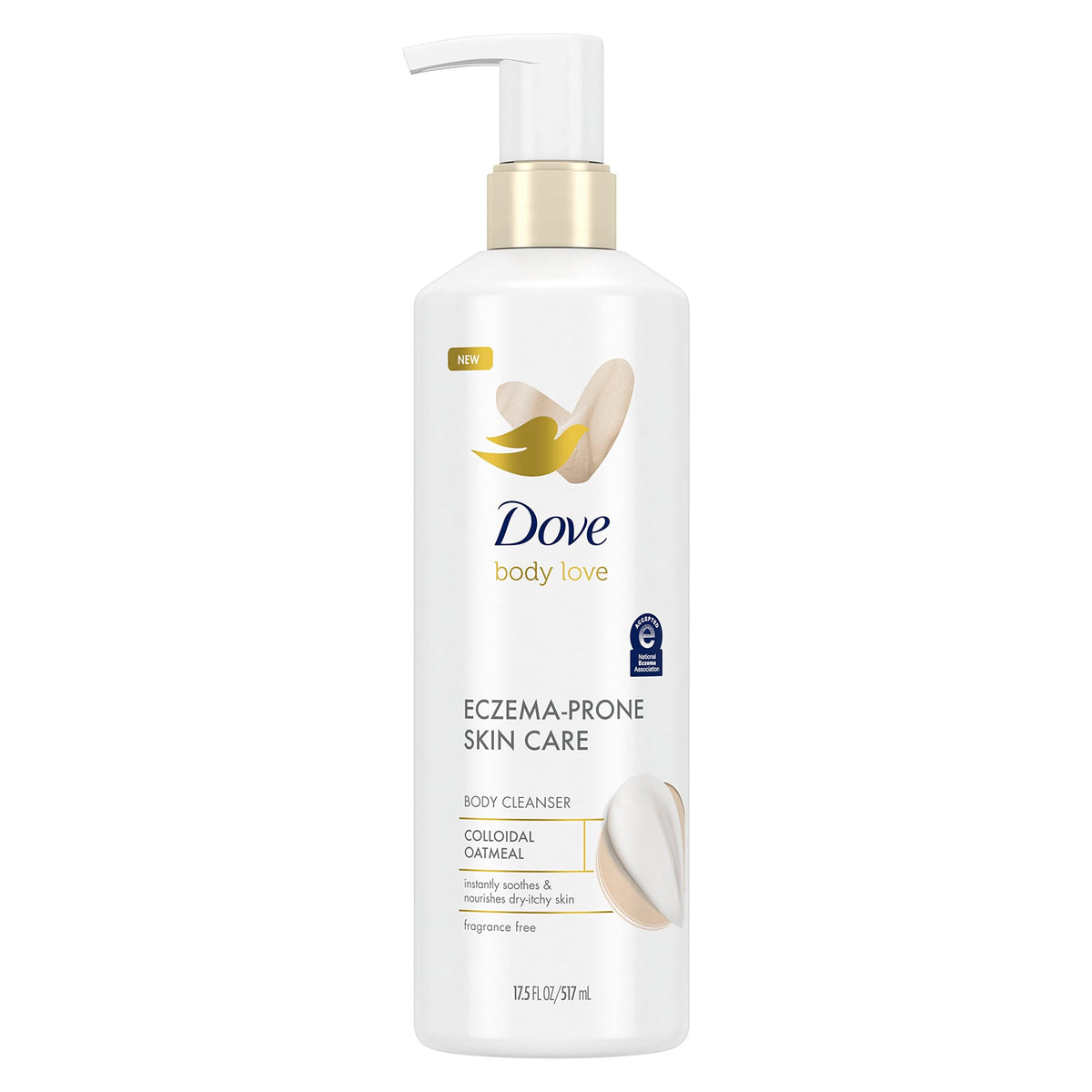 Dove Body Love Limpiador Cuidado para piel propensa a eczema Gel de baño sin fragancia Avena coloidal Calma y nutre al instante la piel seca y con picazón 17.5 FL OZ