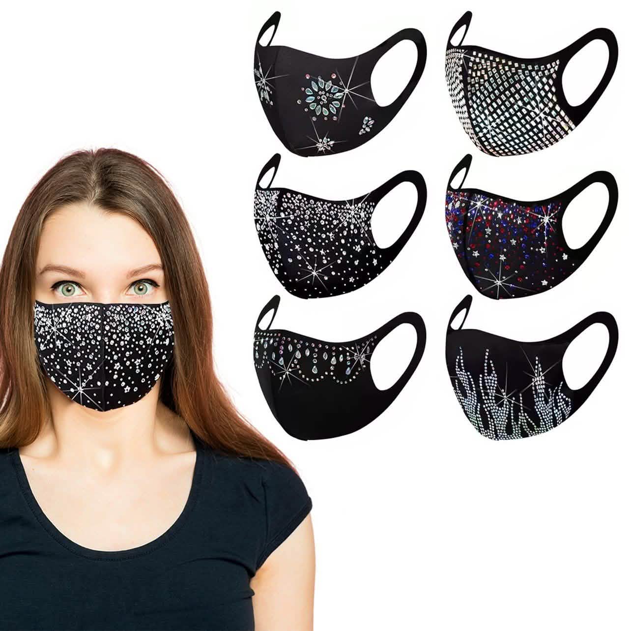 Paquete de 6: Mascarilla facial con brillos de diamantes de imitación de estilo festivo de celebridad
