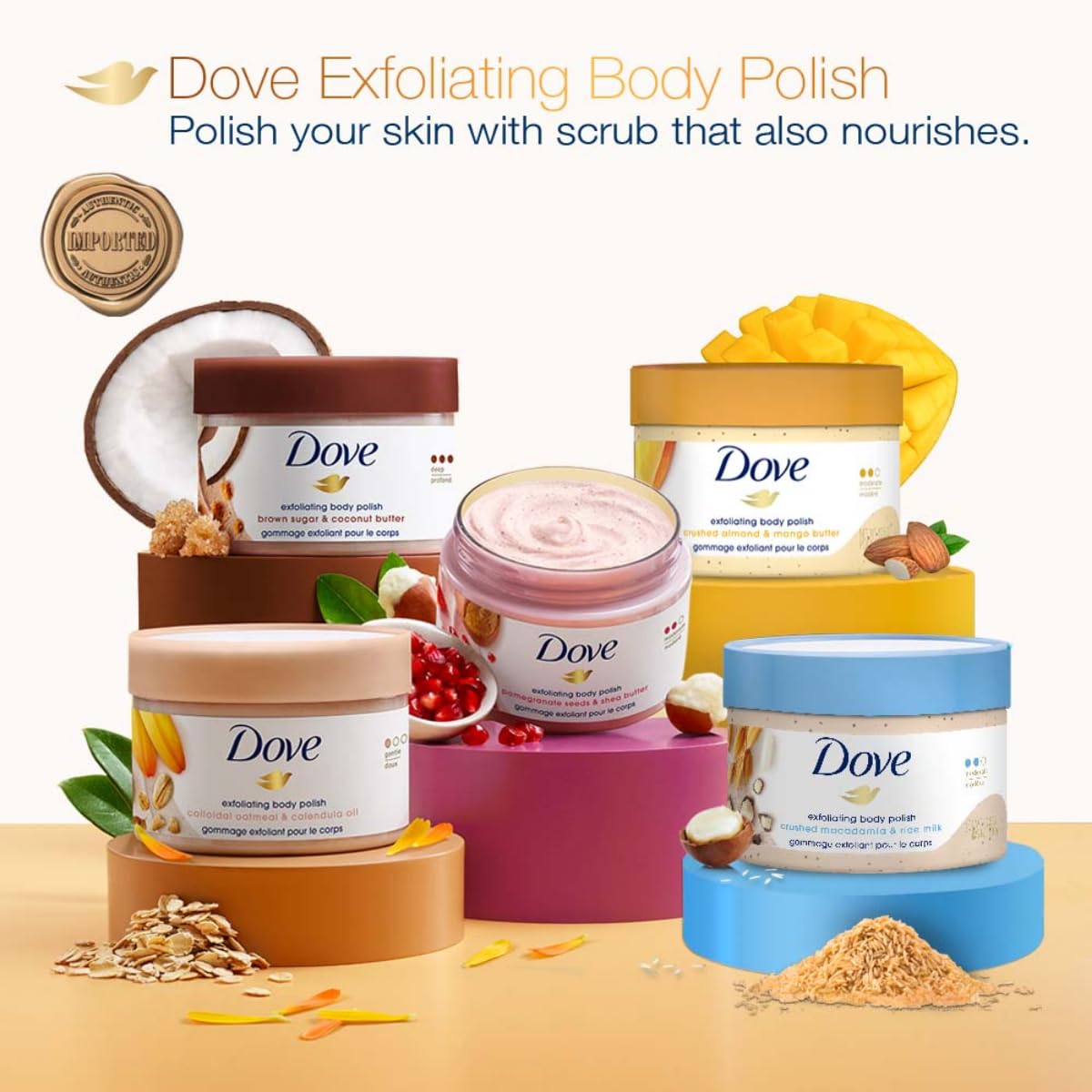 Exfoliante Corporal Dove Macadamia y Leche de Arroz que Revela una Piel Visiblemente Más Suave y Nutre la Piel 10.5 oz