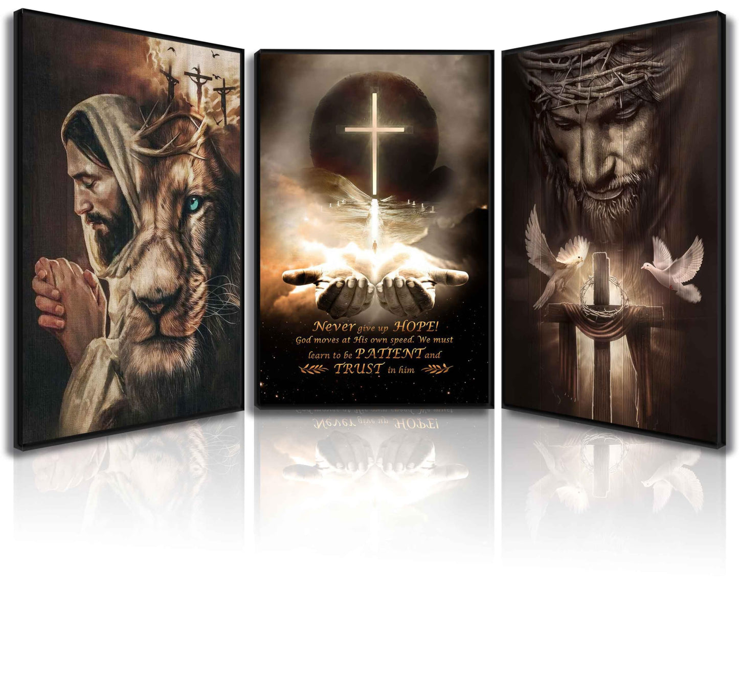 3 Piezas Arte de Pared Jesús Póster de Jesús León Cuadros Pinturas Cristianas Arte Bíblico de Cruz Impresiones en Lienzo Decoración de Cruz y Paloma de la Paz Serie Redención y Dios para Decoración de Pared de Habitaciones Iglesias Religiosas Sin Marco