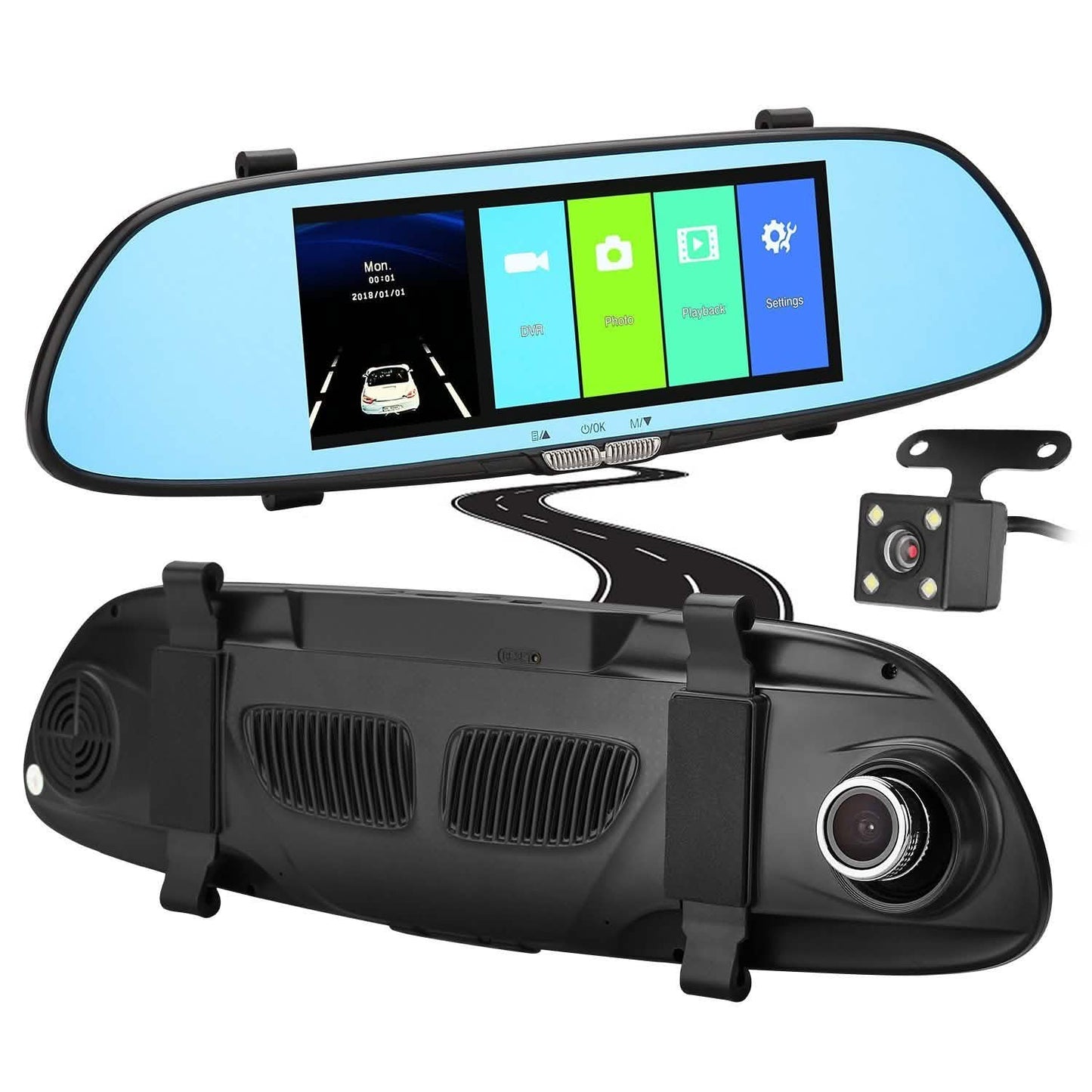 Grabador de cámara DVR para coche de doble lente de 7'' HD 1080P con espejo retrovisor y salpicadero