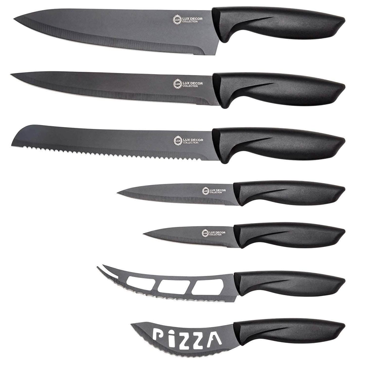 Juego de 7 piezas: Cuchillo de chef, panero, trinchador, multiusos, mondador, queso, pizza
