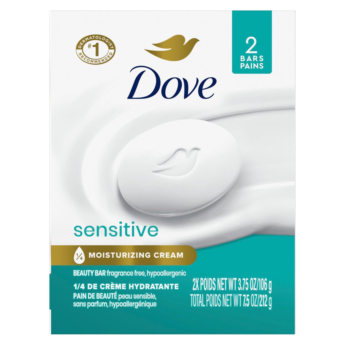 Dove Jabón en barra de belleza sensitive, paquete de 2, para piel sensible, sin fragancia e hipoalergénico, 3.75 oz