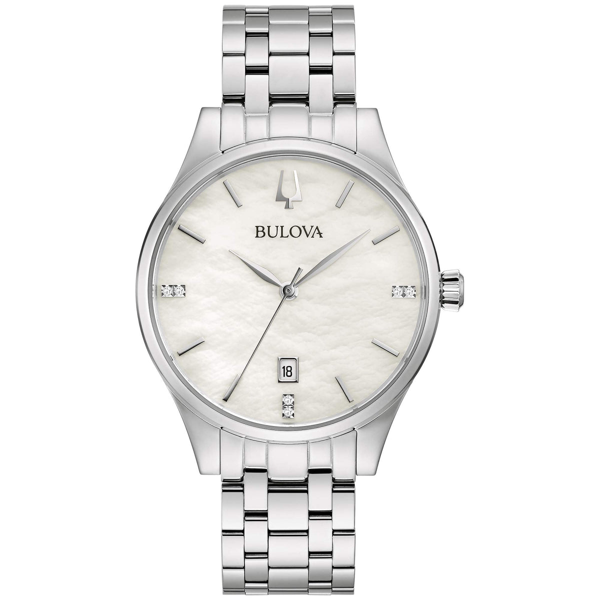 Bulova Reloj de Cuarzo Clásico para Dama, con Esfera de Diamantes, Calendario de Fecha, de Acero Inoxidable, 3 Manecillas, y Madreperla Blanca Estilo: 96P220