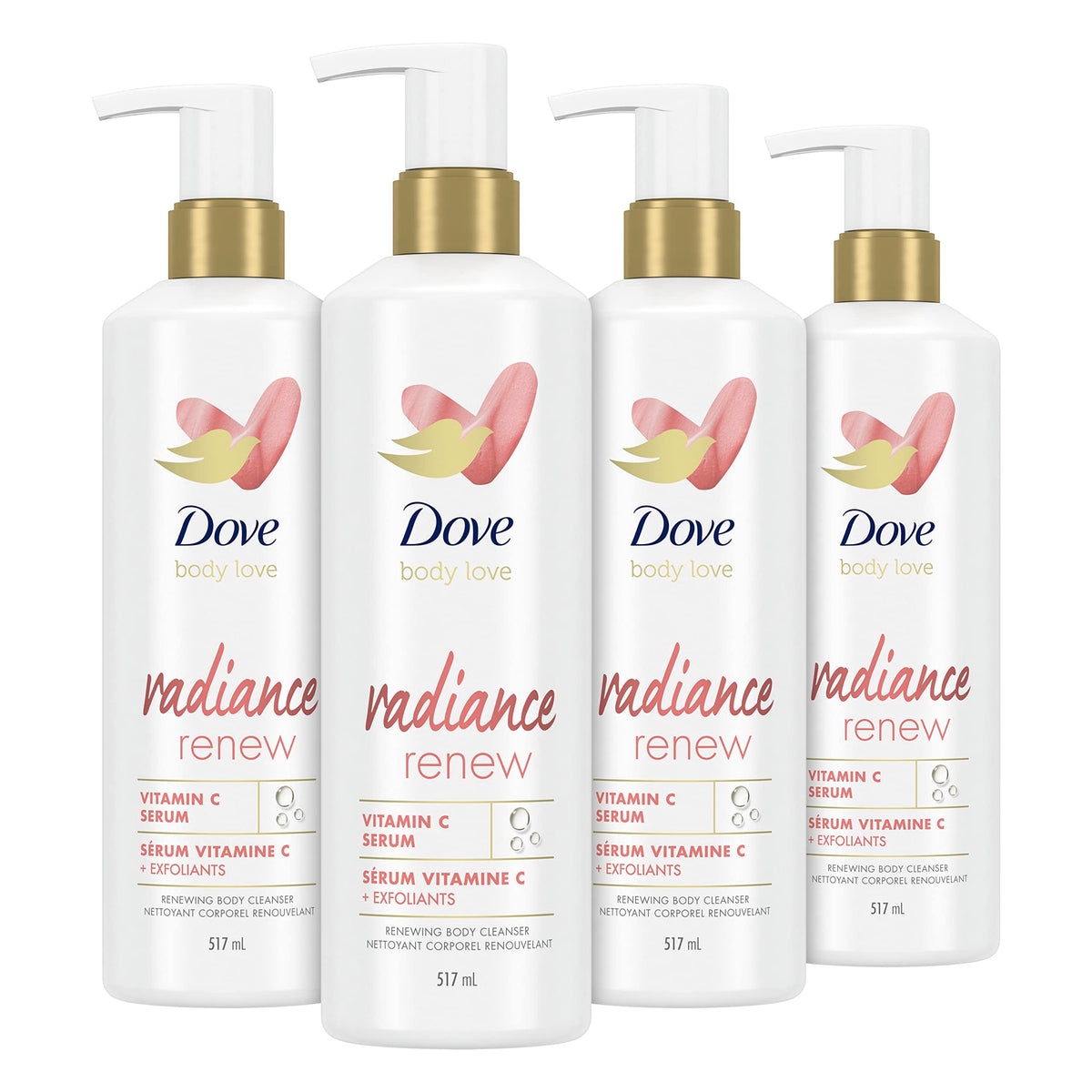 Dove Body Love Limpiador Corporal Radiance Renew, paquete de 4 unidades para piel opaca, gel de baño exfoliante con suero de vitamina C, 17.5 fl oz